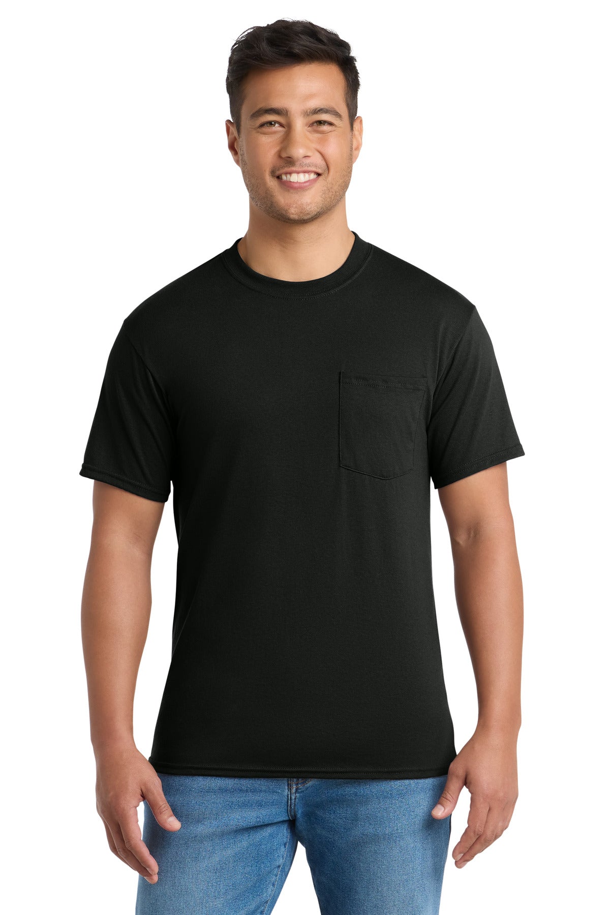 Custom logo Port & Co® Tall Core Blend Pocket Tee. PC55PT in Jet Black