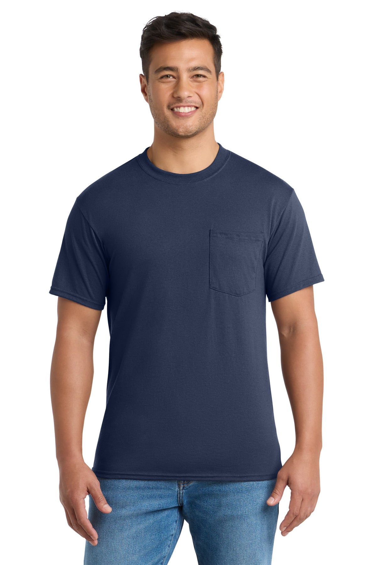 Custom logo Port & Co® Tall Core Blend Pocket Tee. PC55PT in Navy