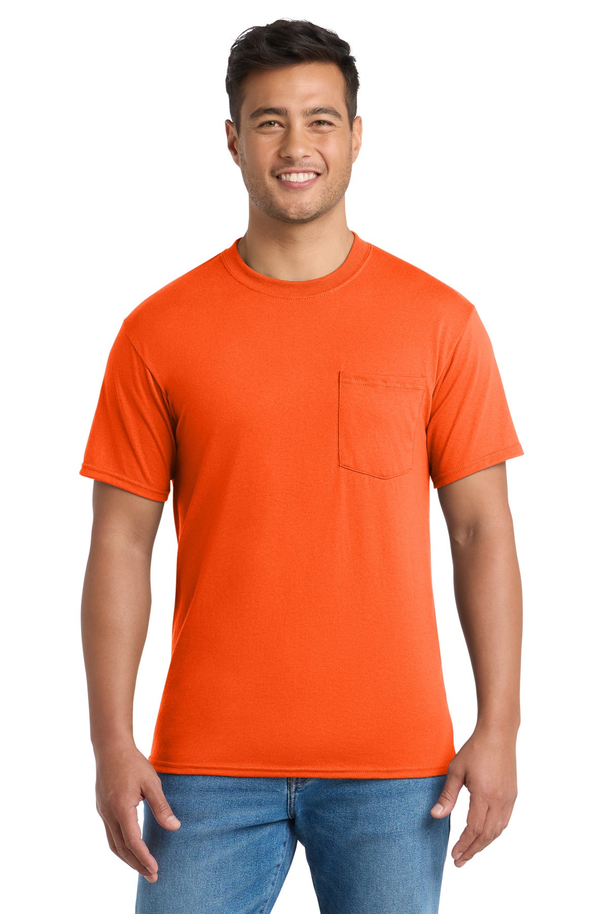 Custom logo Port & Co® Tall Core Blend Pocket Tee. PC55PT in Safety Orange