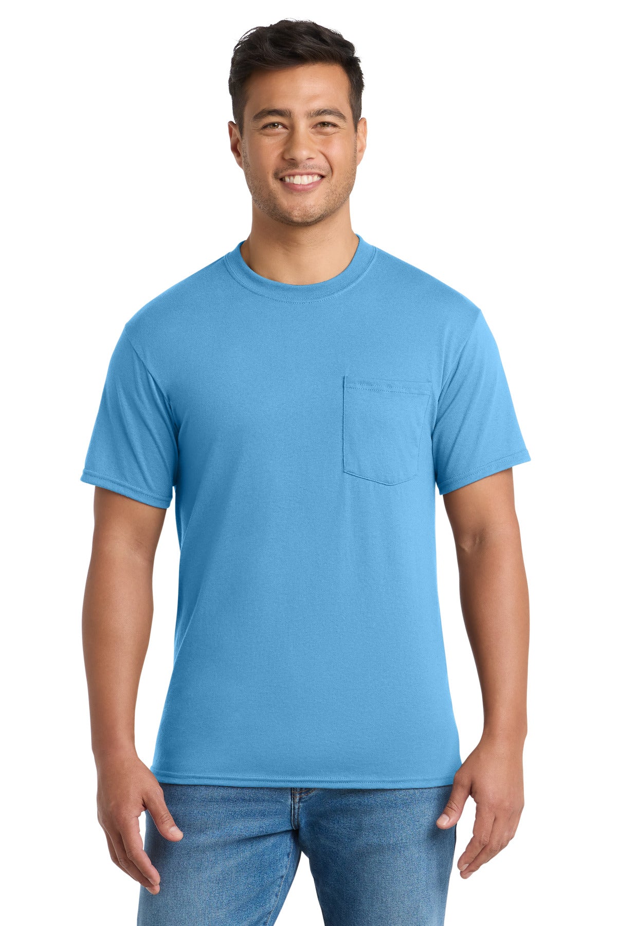 Custom logo Port & Co® Core Blend Pocket Tee. PC55P in Aquatic Blue