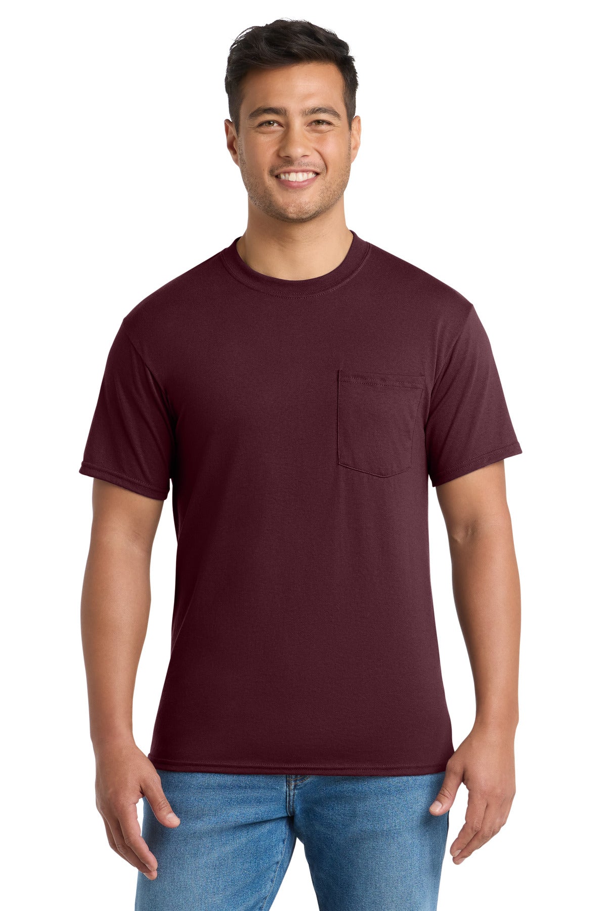 Custom logo Port & Co® Core Blend Pocket Tee. PC55P in Athletic Maroon