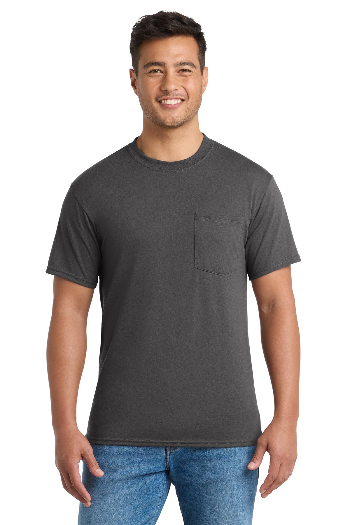 Custom logo Port & Co® Core Blend Pocket Tee. PC55P in Charcoal