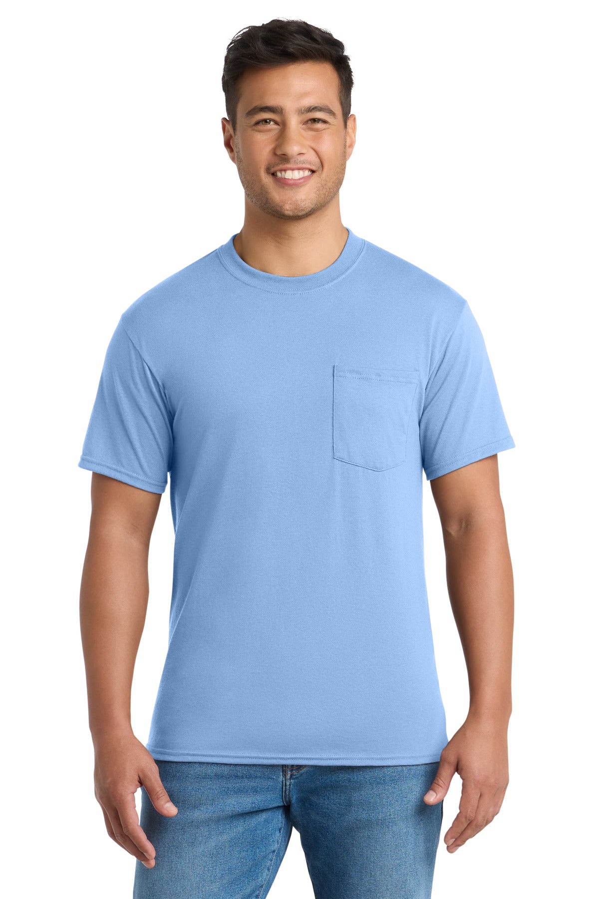 Custom logo Port & Co® Core Blend Pocket Tee. PC55P in Light Blue