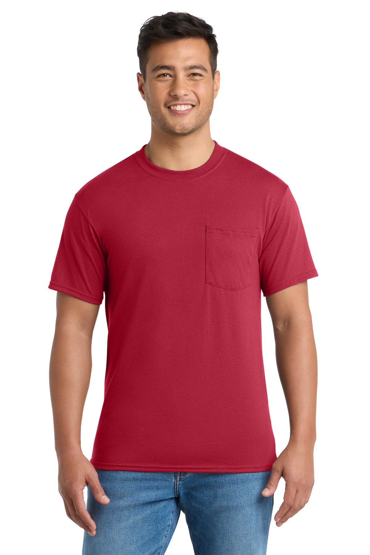 Custom logo Port & Co® Core Blend Pocket Tee. PC55P in Red
