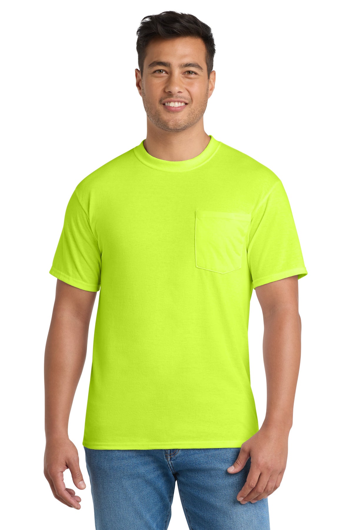 Custom logo Port & Co® Core Blend Pocket Tee. PC55P in Safety Green