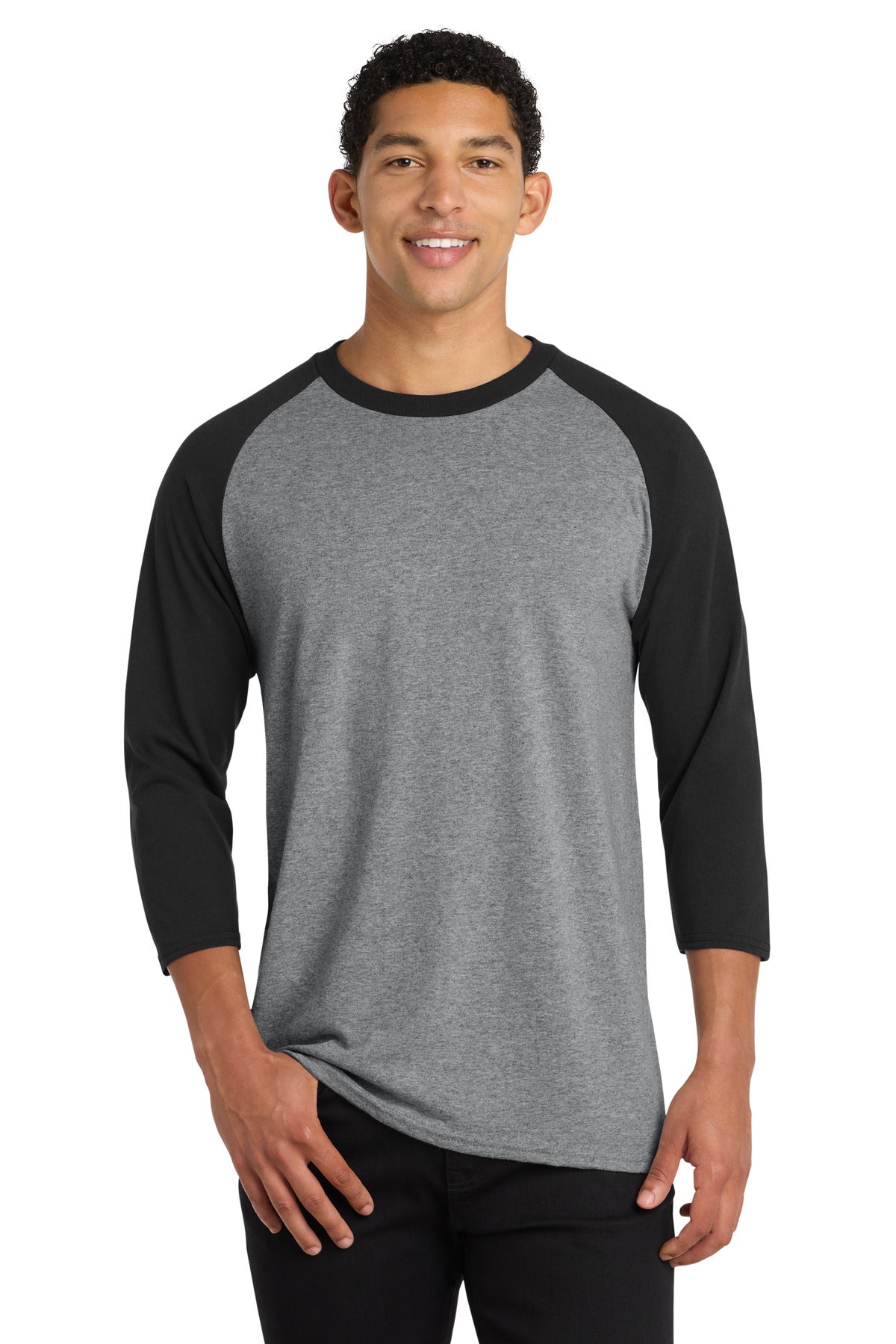 Custom logo Port & Co® Core Blend 3/4-Sleeve Raglan Tee. PC55RS in Athletic Heather/ Jet Black