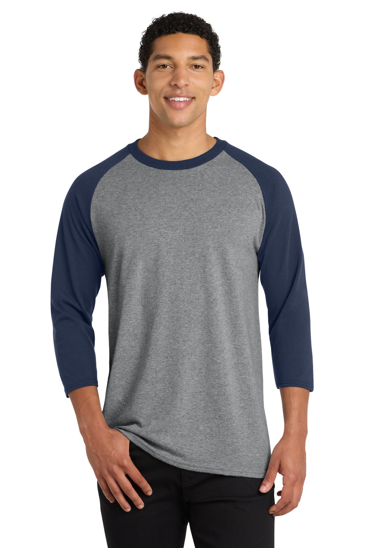 Custom logo Port & Co® Core Blend 3/4-Sleeve Raglan Tee. PC55RS in Athletic Heather/ Navy