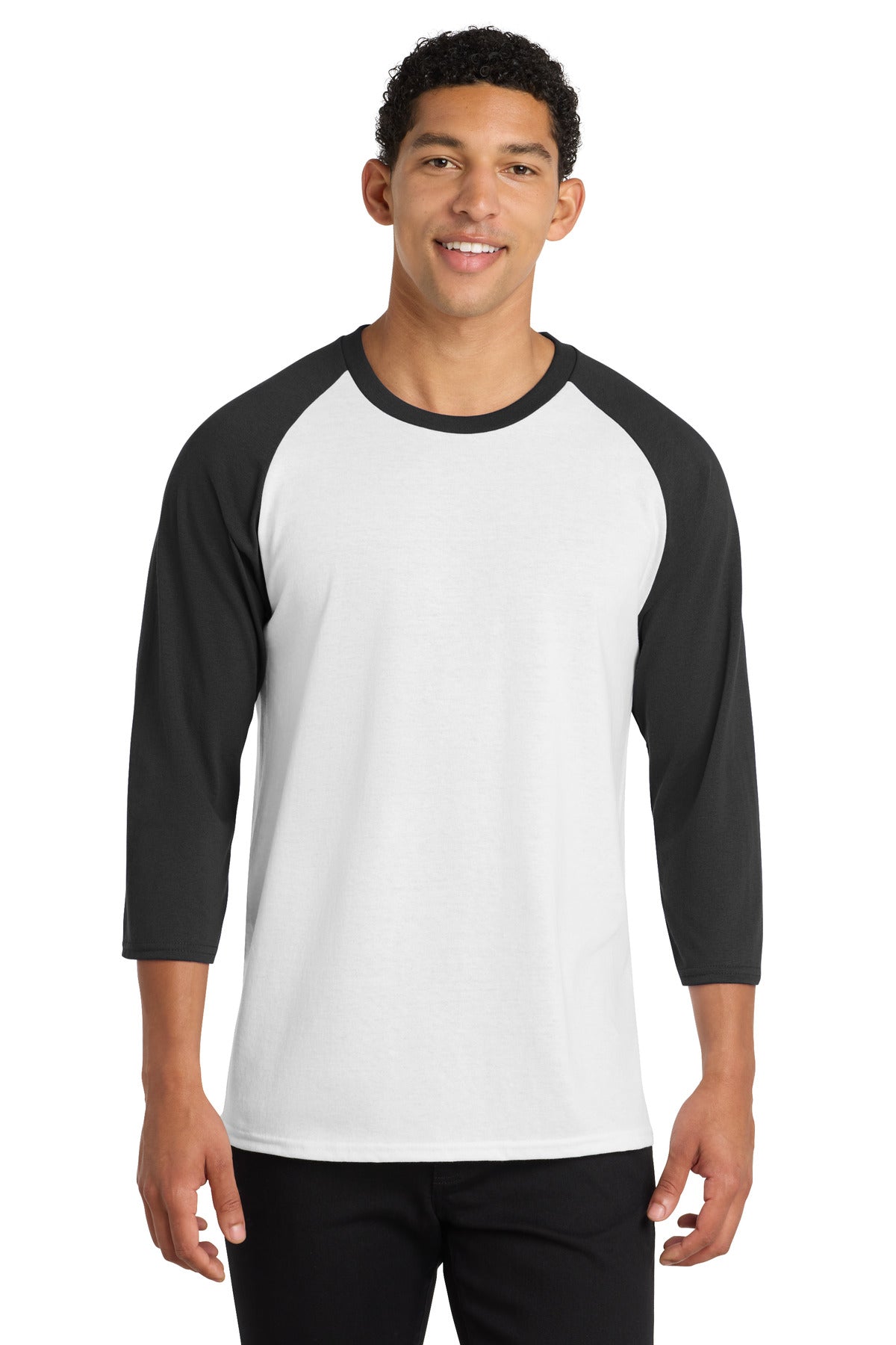 Custom logo Port & Co® Core Blend 3/4-Sleeve Raglan Tee. PC55RS in White/ Jet Black