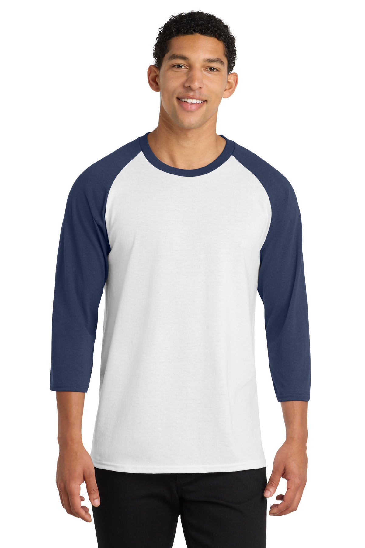 Custom logo Port & Co® Core Blend 3/4-Sleeve Raglan Tee. PC55RS in White/ Navy