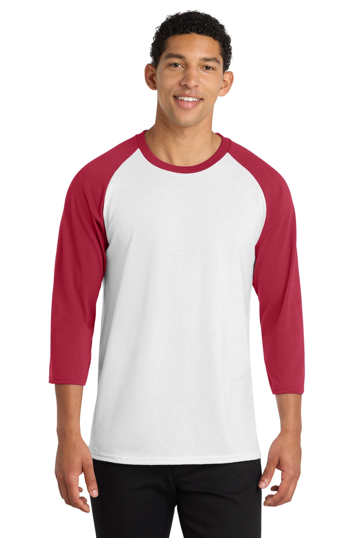 Custom logo Port & Co® Core Blend 3/4-Sleeve Raglan Tee. PC55RS in White/ Red