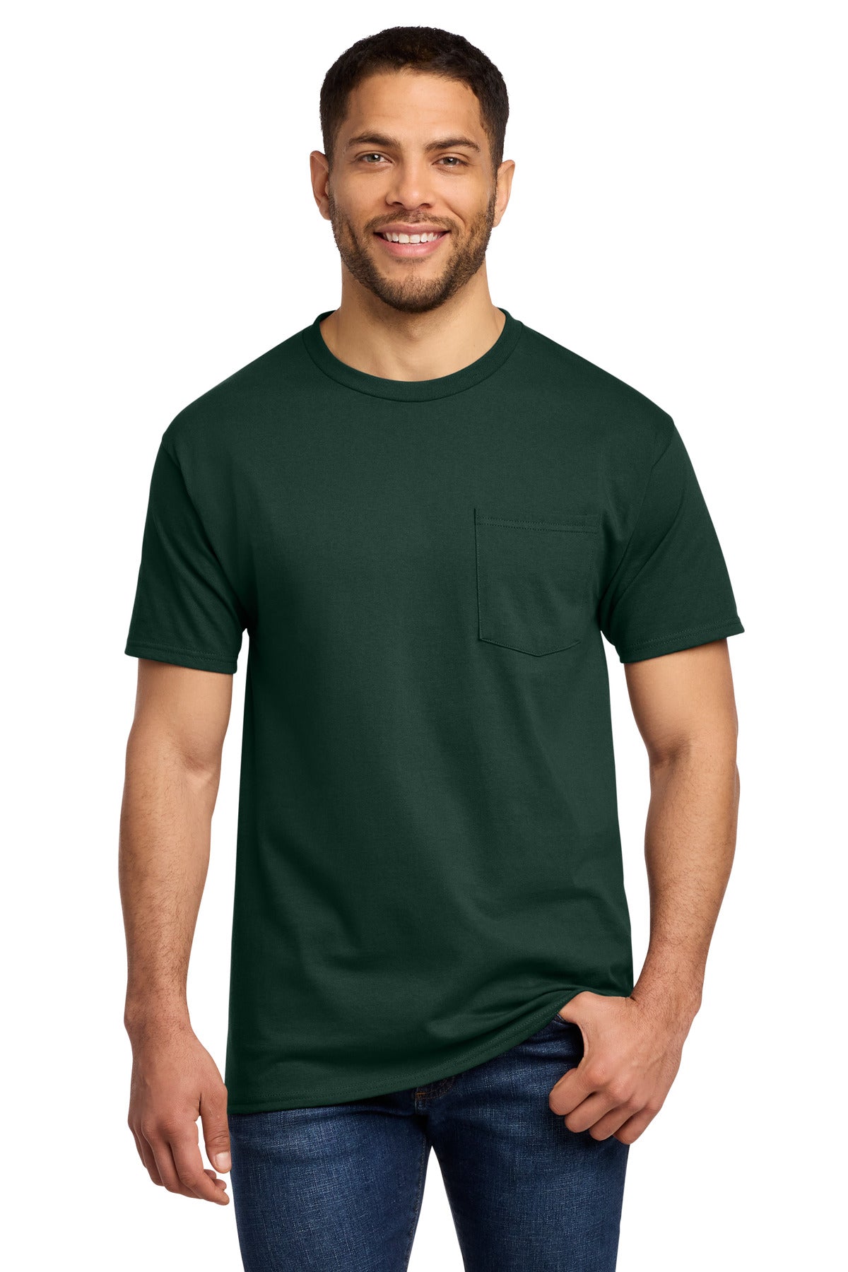 Custom logo Port & Co® Tall Essential Pocket Tee. PC61PT in Dark Green