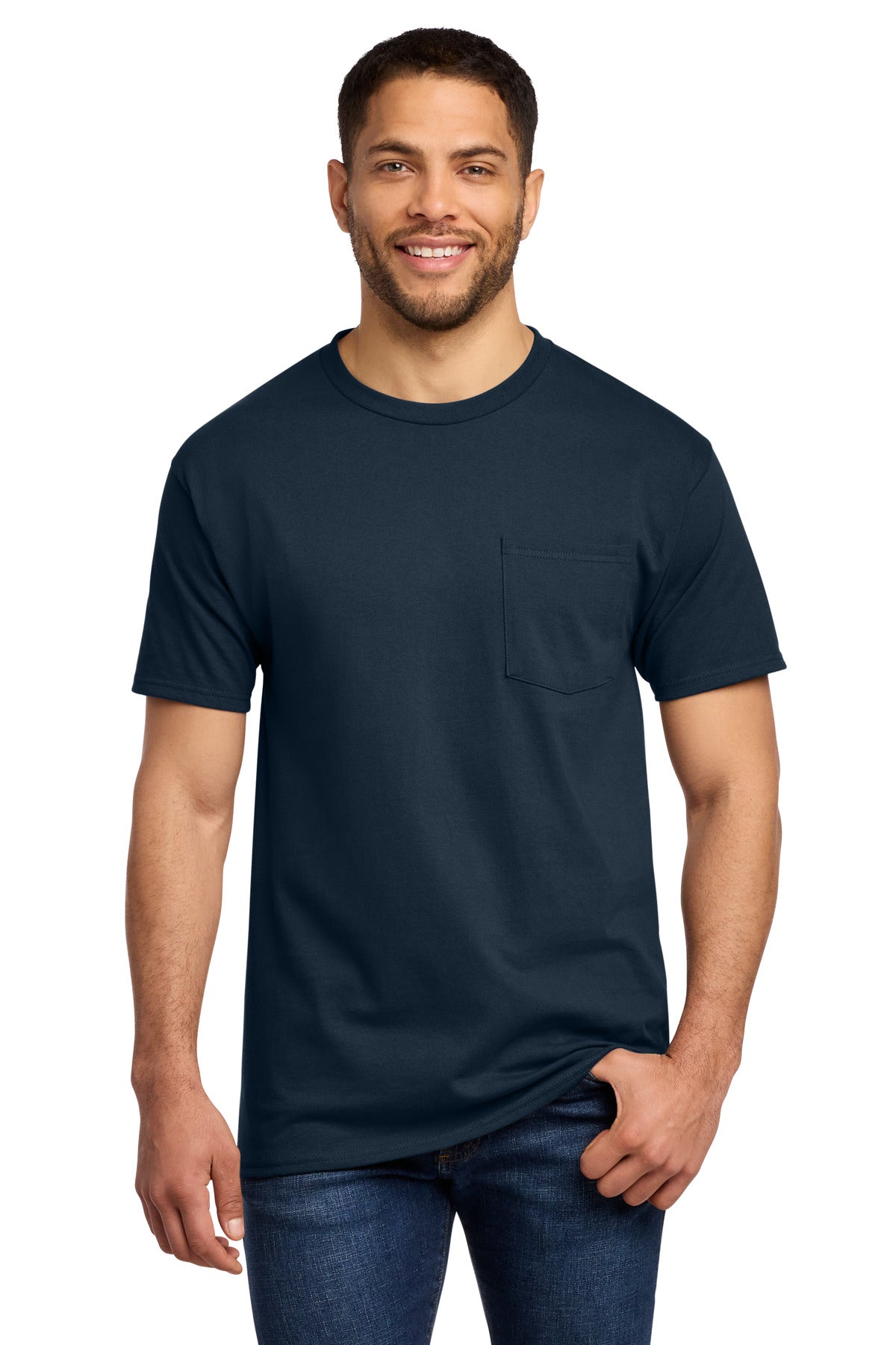 Custom logo Port & Co® Tall Essential Pocket Tee. PC61PT in Deep Navy