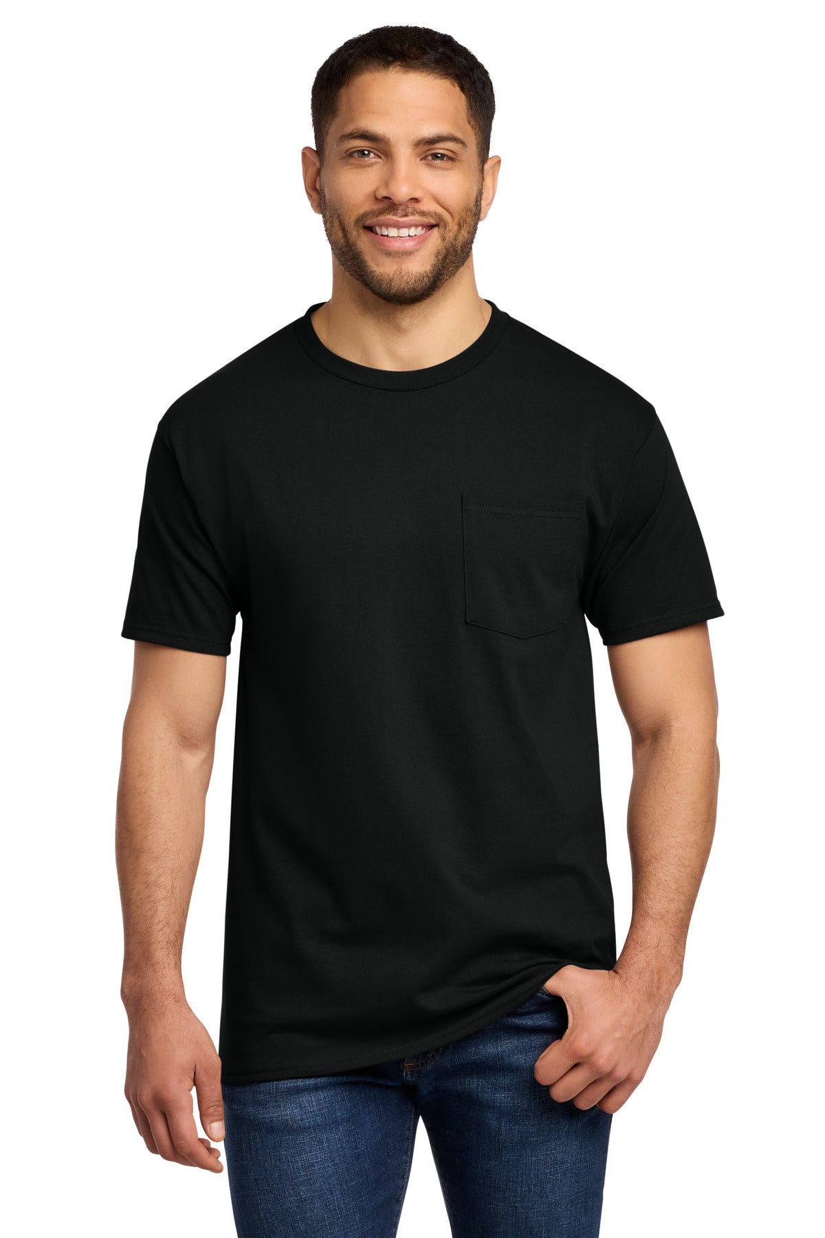 Custom logo Port & Co® Tall Essential Pocket Tee. PC61PT in Jet Black