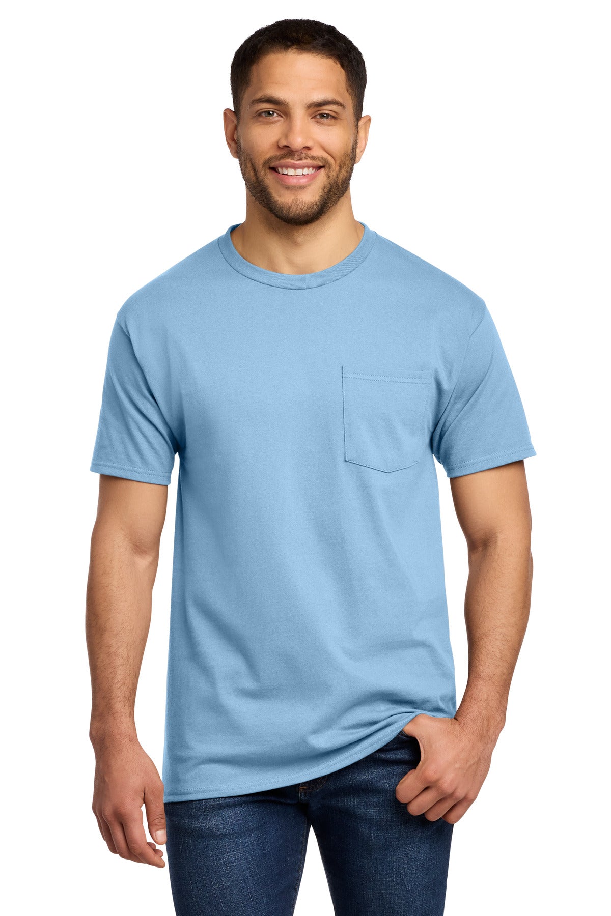 Custom logo Port & Co® Tall Essential Pocket Tee. PC61PT in Light Blue