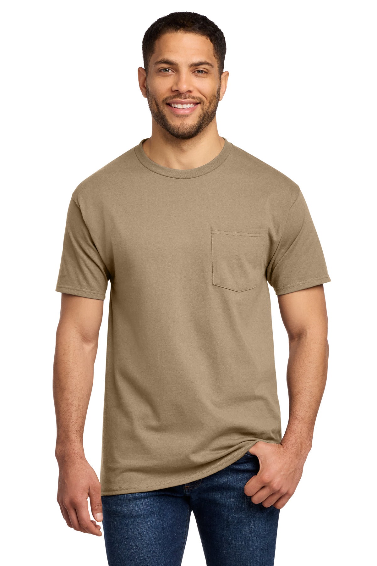 Custom logo Port & Co® Tall Essential Pocket Tee. PC61PT in Sand