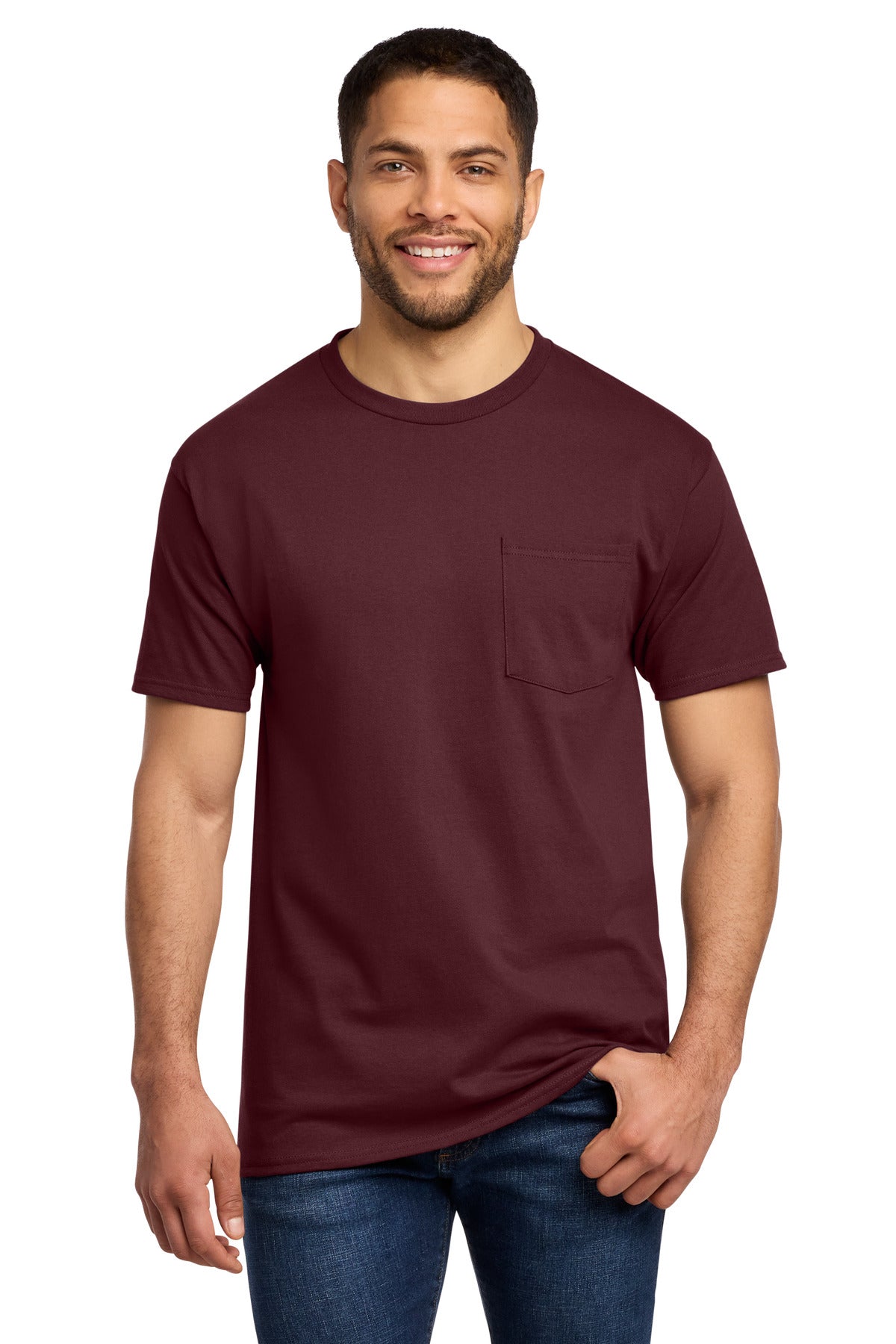Custom logo Port & Co® Essential Pocket Tee. PC61P in Athletic Maroon