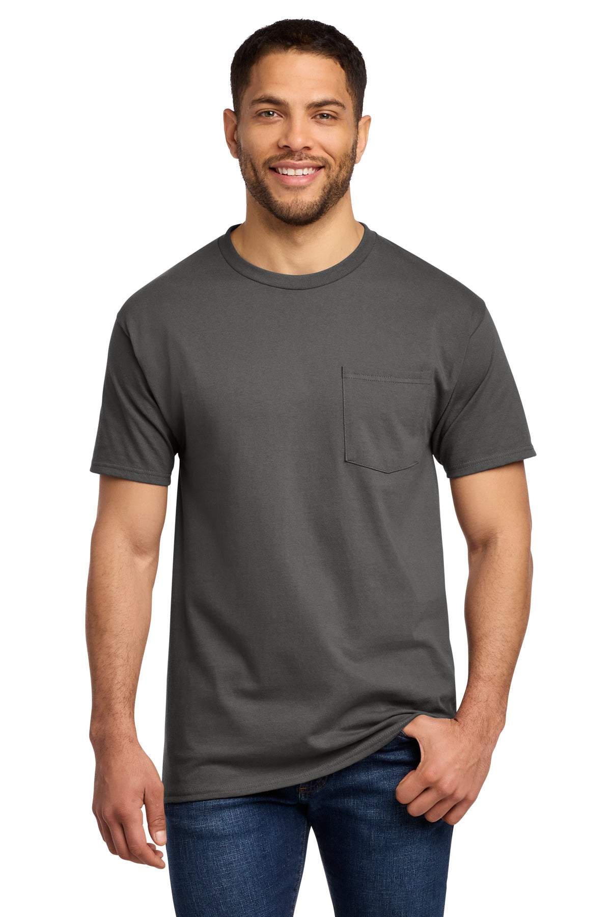 Custom logo Port & Co® Essential Pocket Tee. PC61P in Charcoal