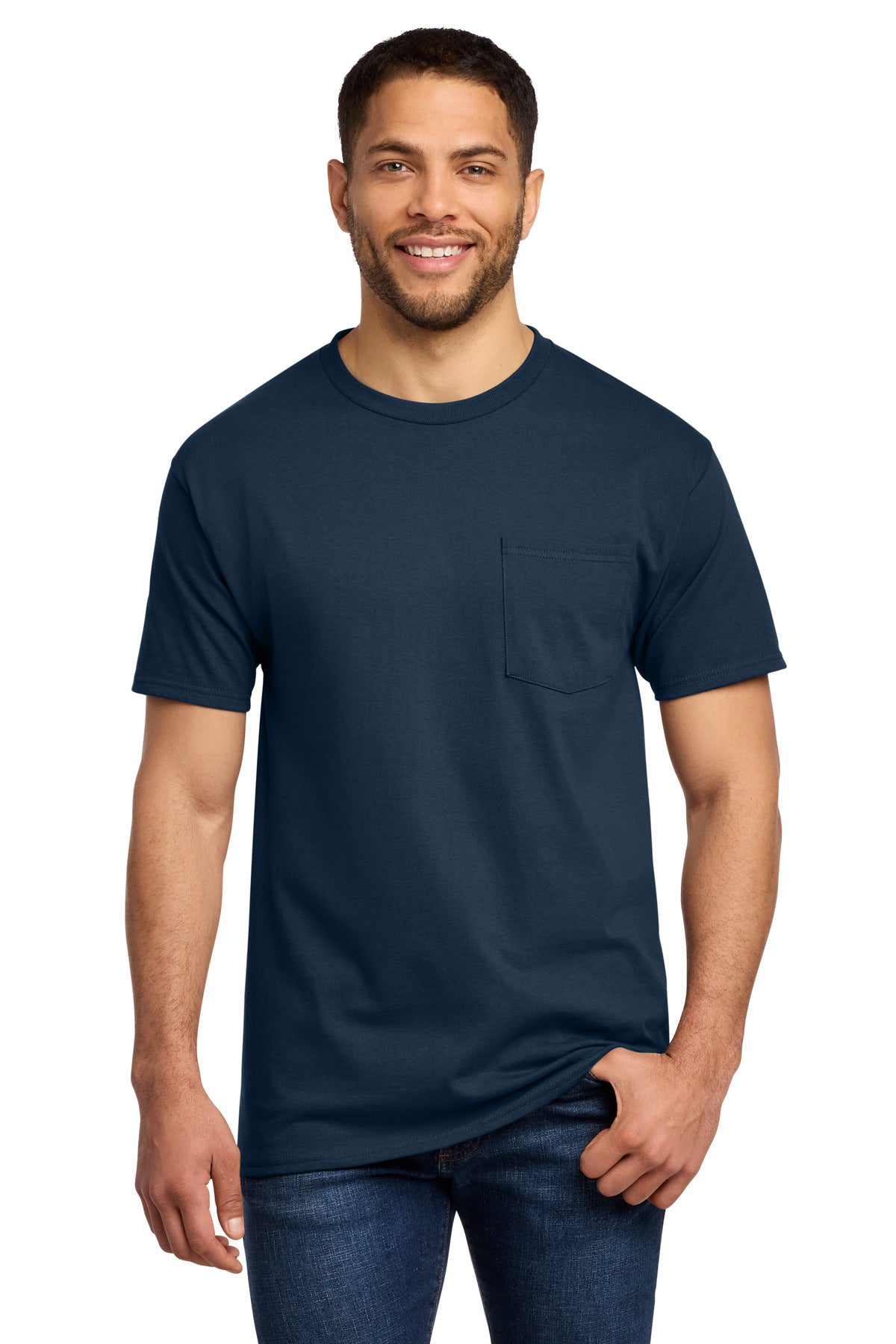 Custom logo Port & Co® Essential Pocket Tee. PC61P in Navy