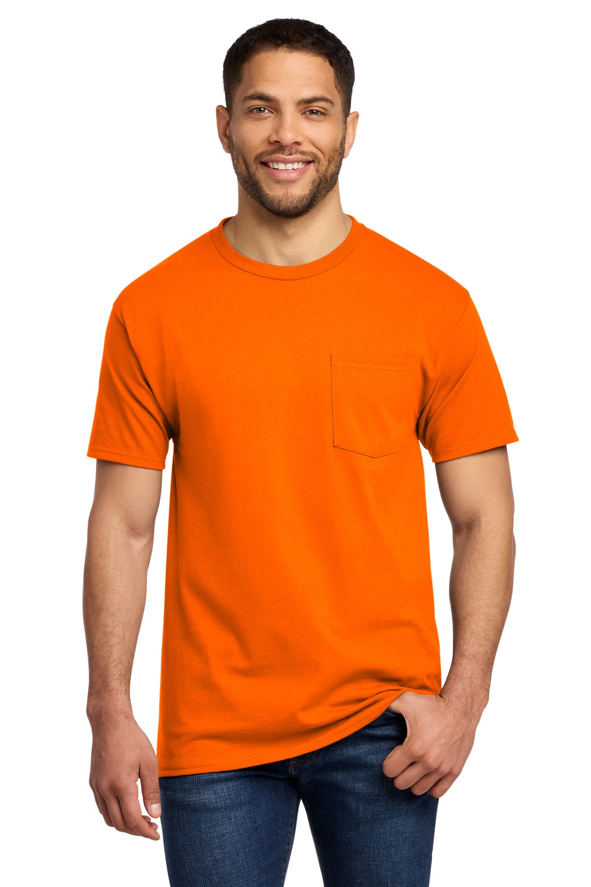 Custom logo Port & Co® Essential Pocket Tee. PC61P in S. Orange