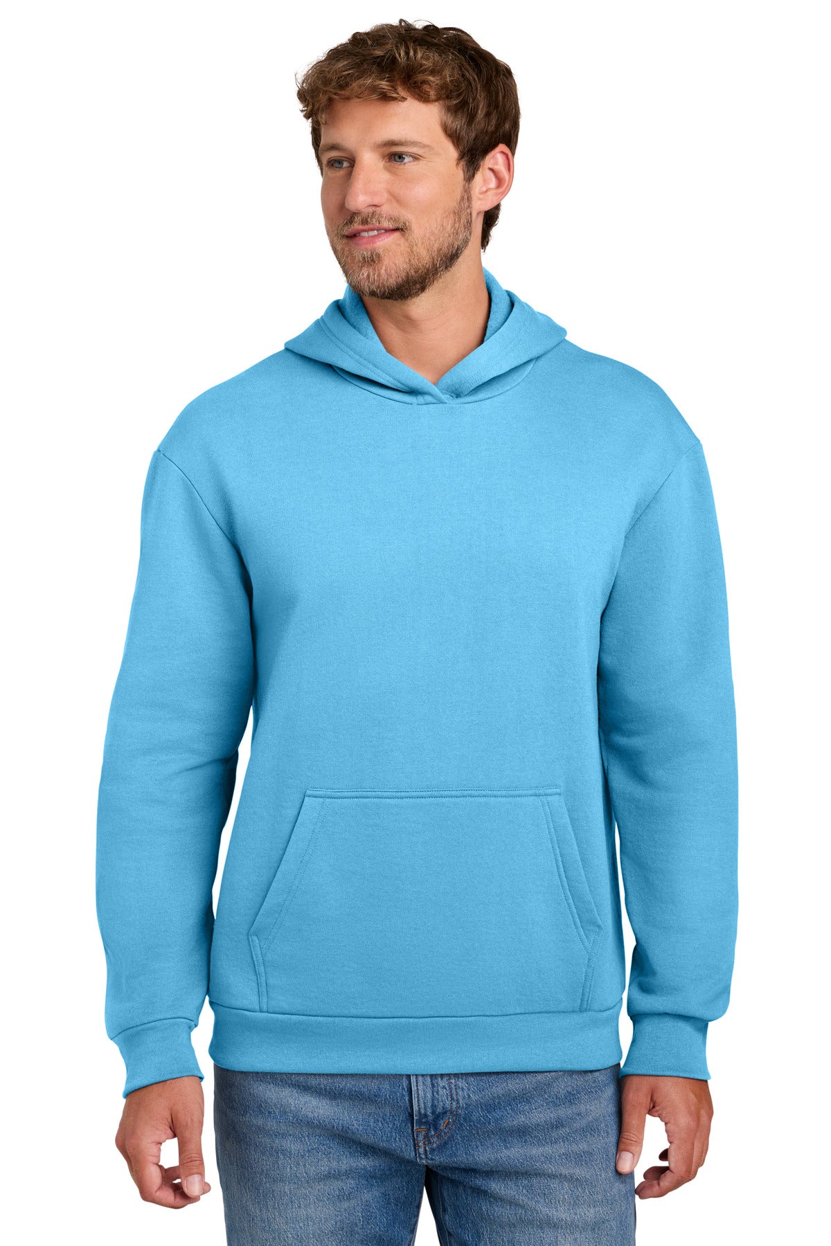Custom logo Port & Co® Easy Fleece Pullover Hooded Sweatshirt PC68H in Aquatic Blue