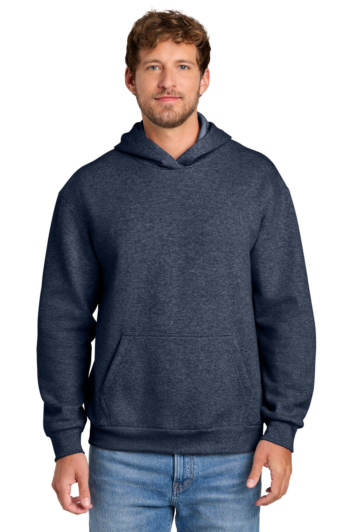 Custom logo Port & Co® Easy Fleece Pullover Hooded Sweatshirt PC68H in Heather Navy