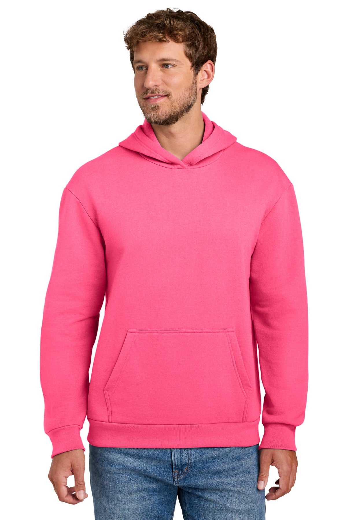Custom logo Port & Co® Easy Fleece Pullover Hooded Sweatshirt PC68H in Neon Pink