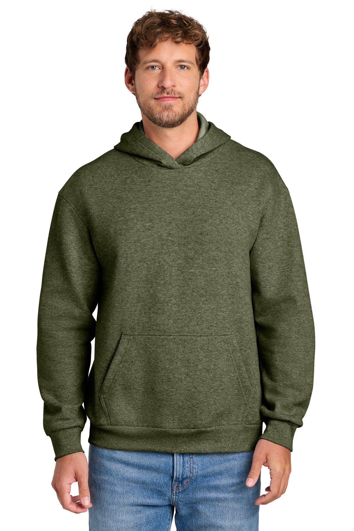 Custom logo Port & Co® Easy Fleece Pullover Hooded Sweatshirt PC68H in Olive Drab Green Heather