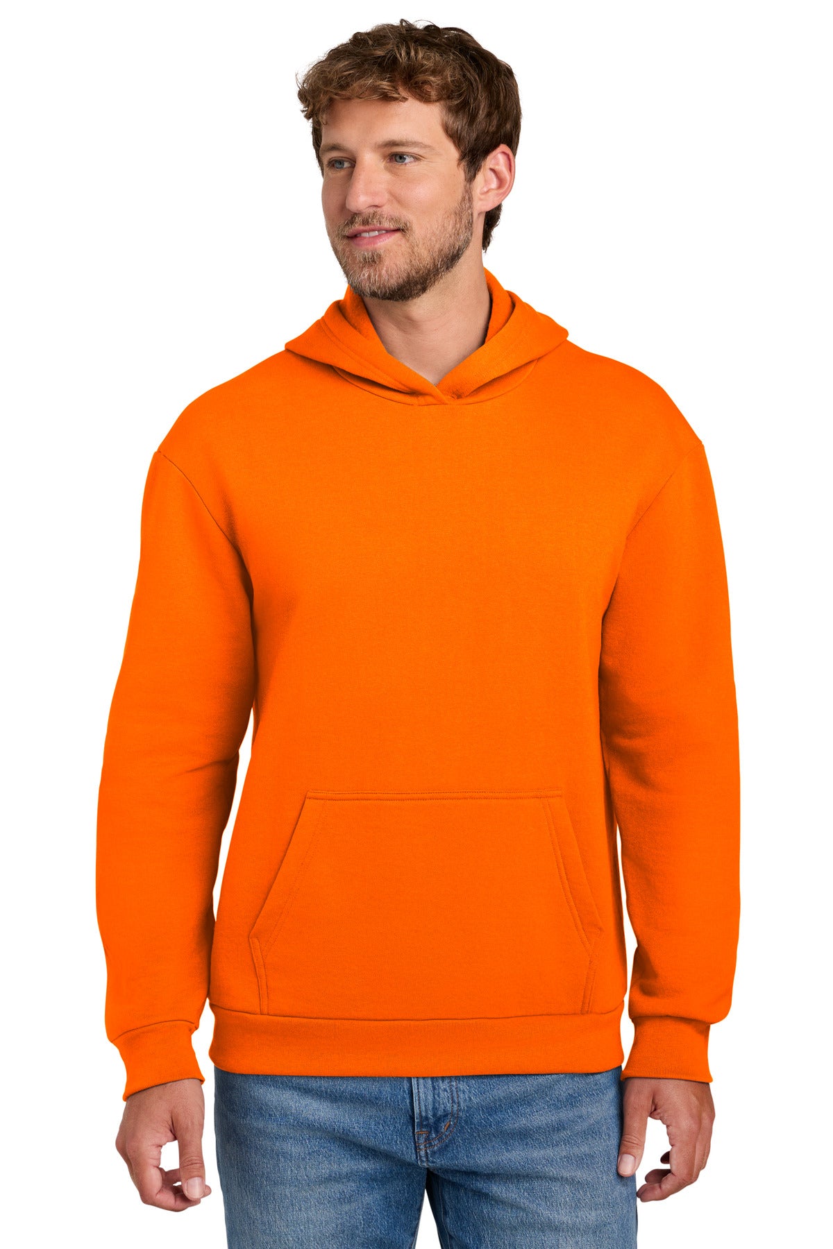 Custom logo Port & Co® Easy Fleece Pullover Hooded Sweatshirt PC68H in S. Orange