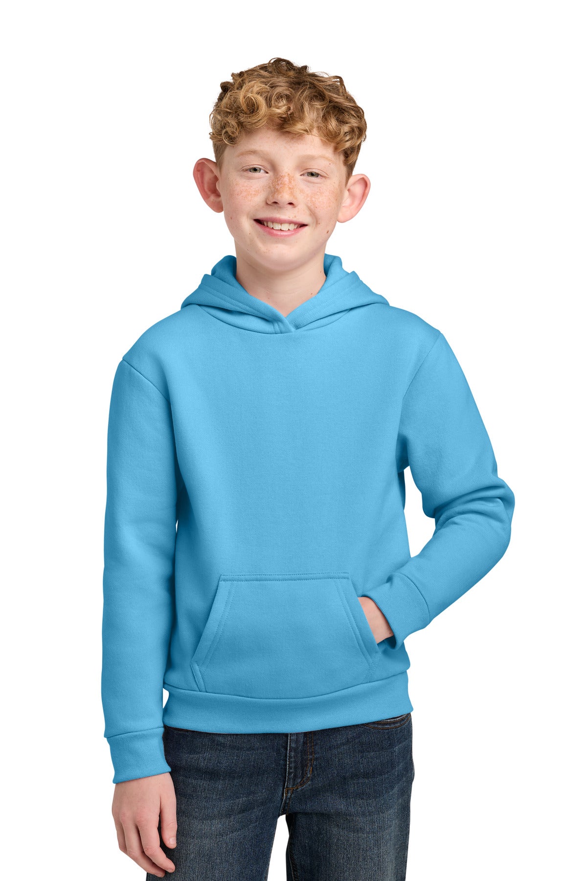 Custom logo Port & Co® Youth Easy Fleece Pullover Hooded Sweatshirt PC68YH in Aquatic Blue