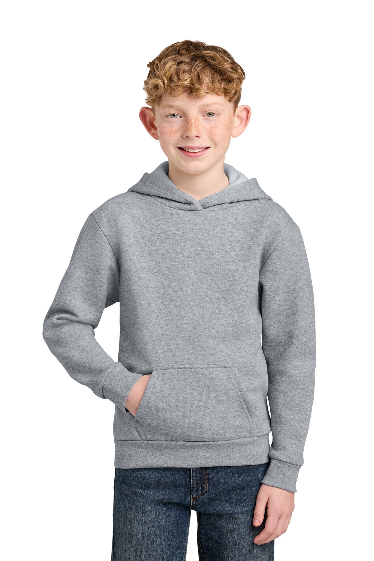 Custom logo Port & Co® Youth Easy Fleece Pullover Hooded Sweatshirt PC68YH in Athletic Heather