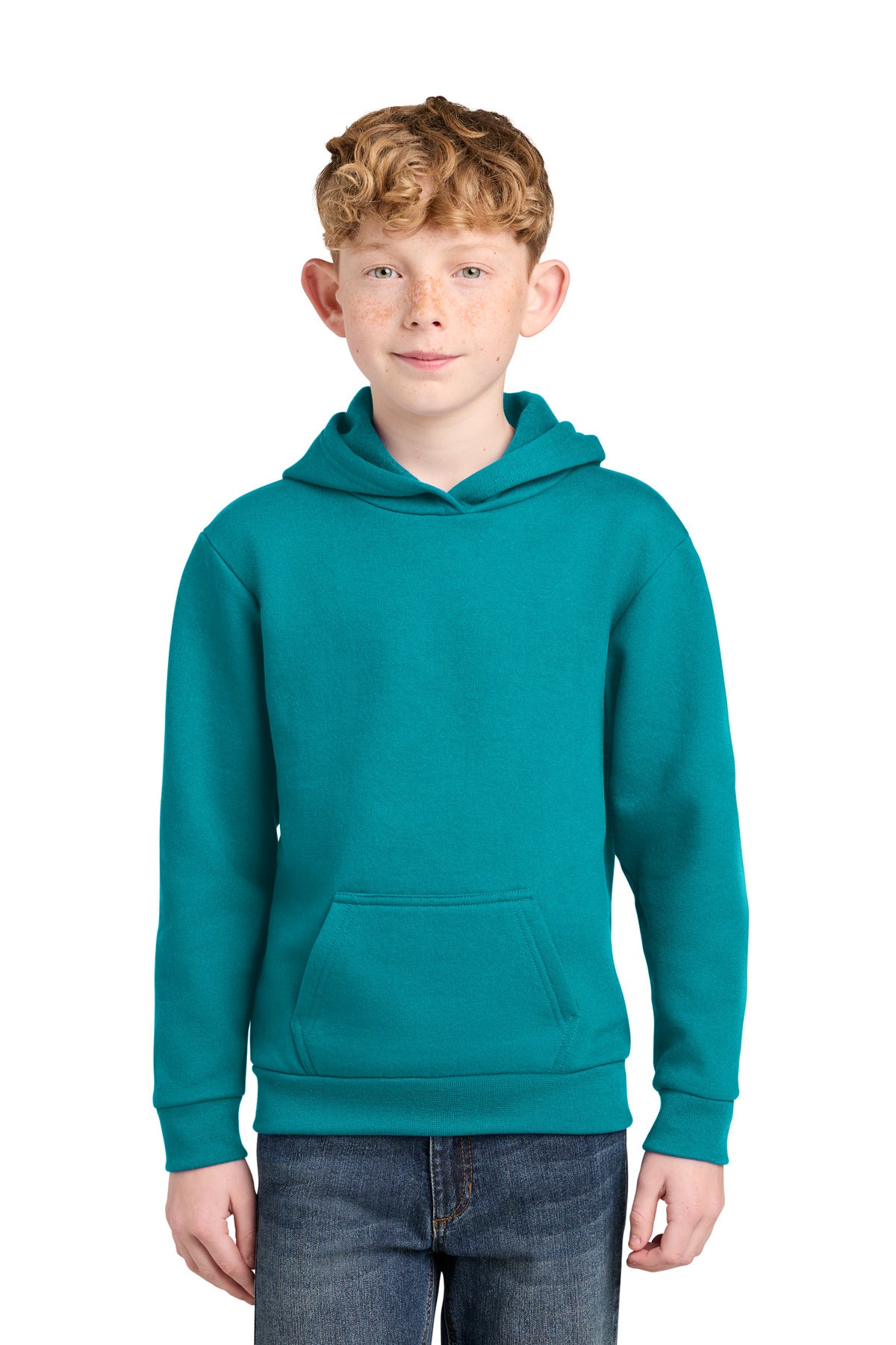 Custom logo Port & Co® Youth Easy Fleece Pullover Hooded Sweatshirt PC68YH in Bright Aqua