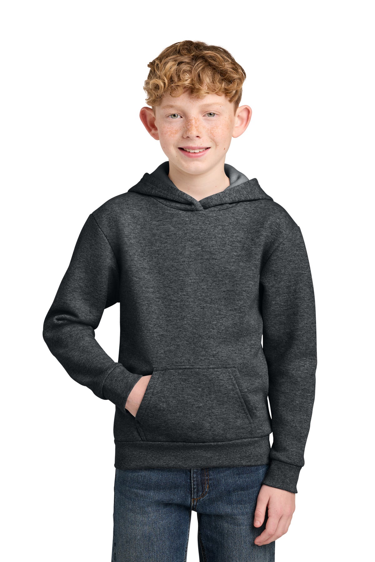 Custom logo Port & Co® Youth Easy Fleece Pullover Hooded Sweatshirt PC68YH in Dark Heather Grey