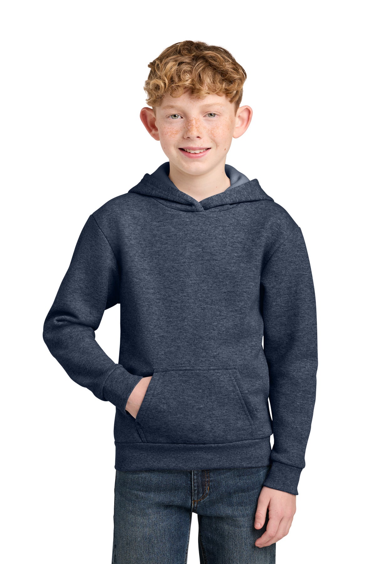 Custom logo Port & Co® Youth Easy Fleece Pullover Hooded Sweatshirt PC68YH in Heather Navy