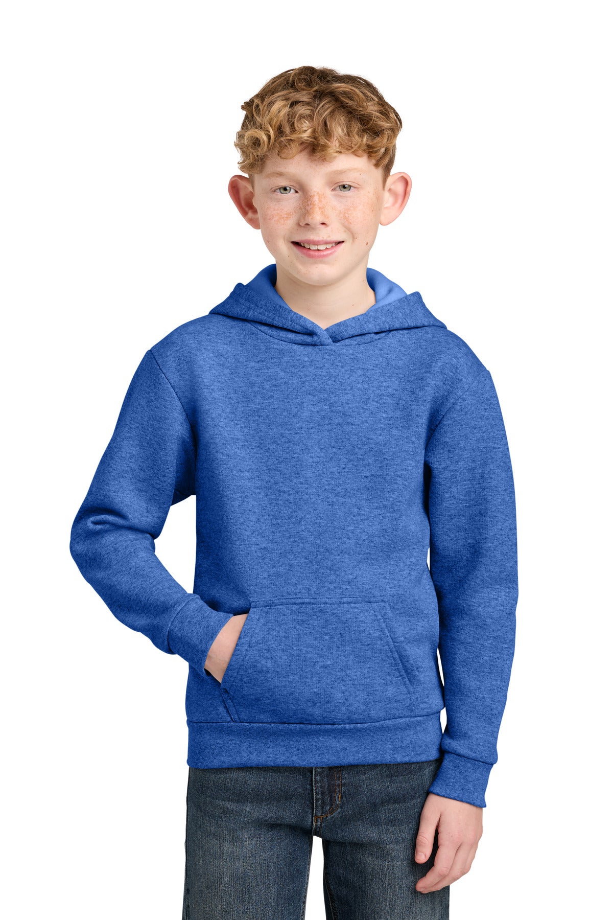 Custom logo Port & Co® Youth Easy Fleece Pullover Hooded Sweatshirt PC68YH in Heather Royal