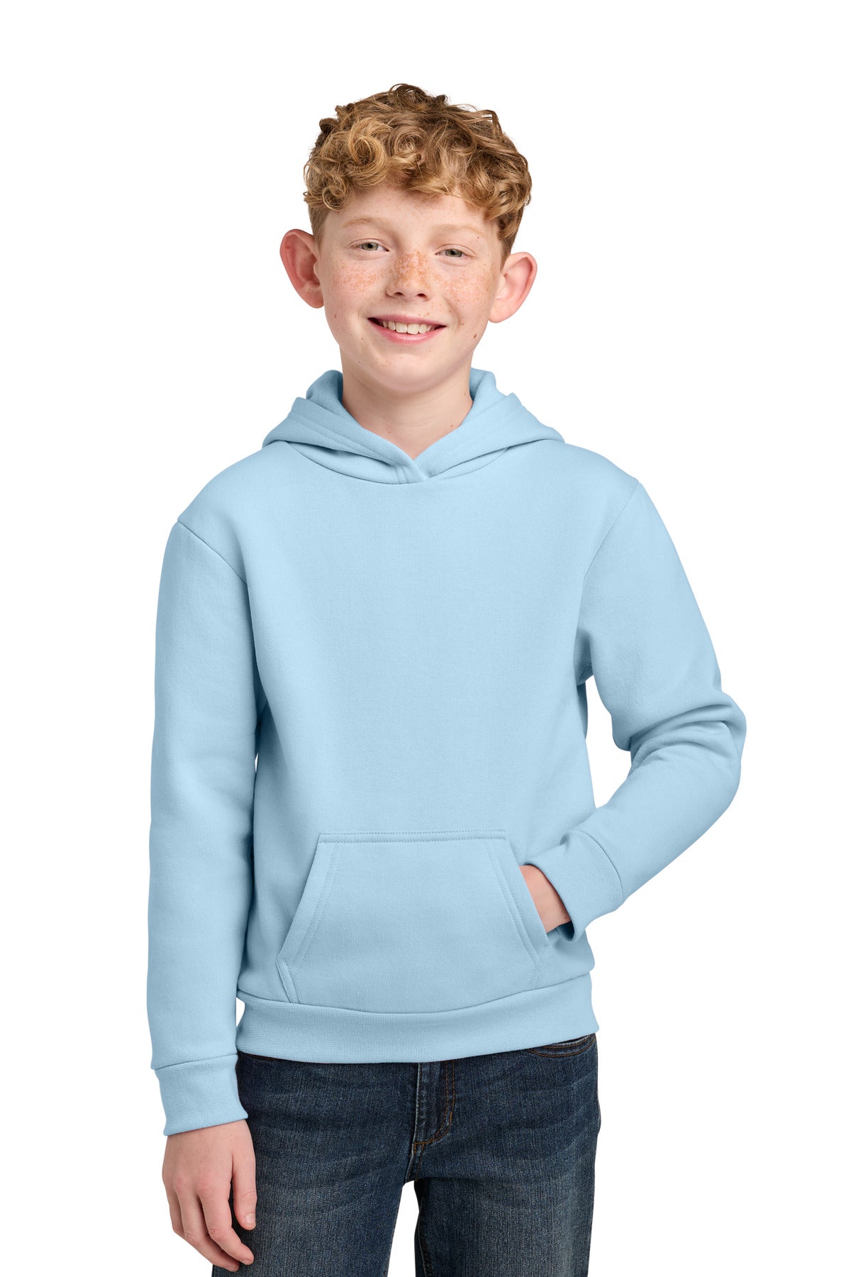 Custom logo Port & Co® Youth Easy Fleece Pullover Hooded Sweatshirt PC68YH in Ice Blue