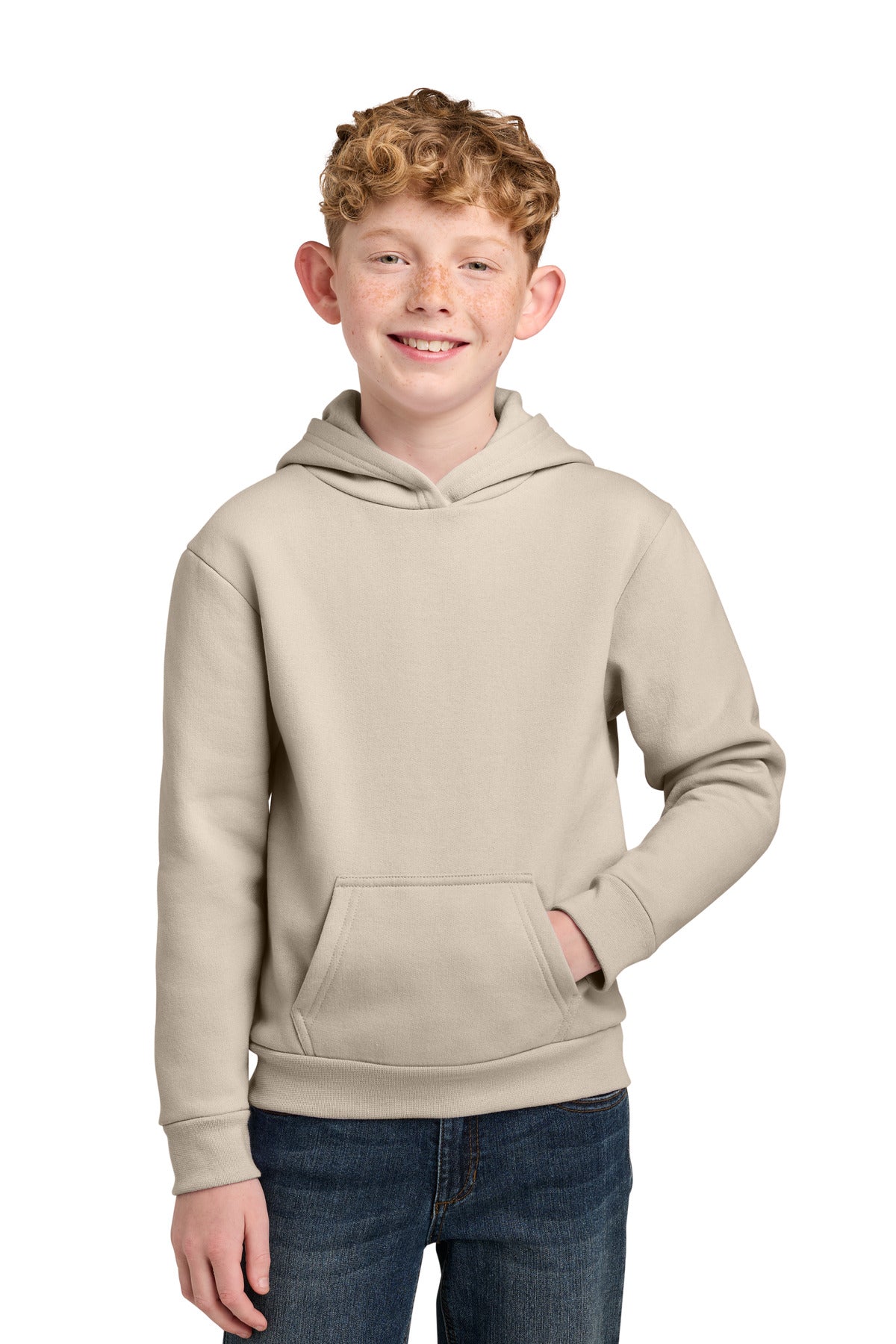 Custom logo Port & Co® Youth Easy Fleece Pullover Hooded Sweatshirt PC68YH in Light Sand