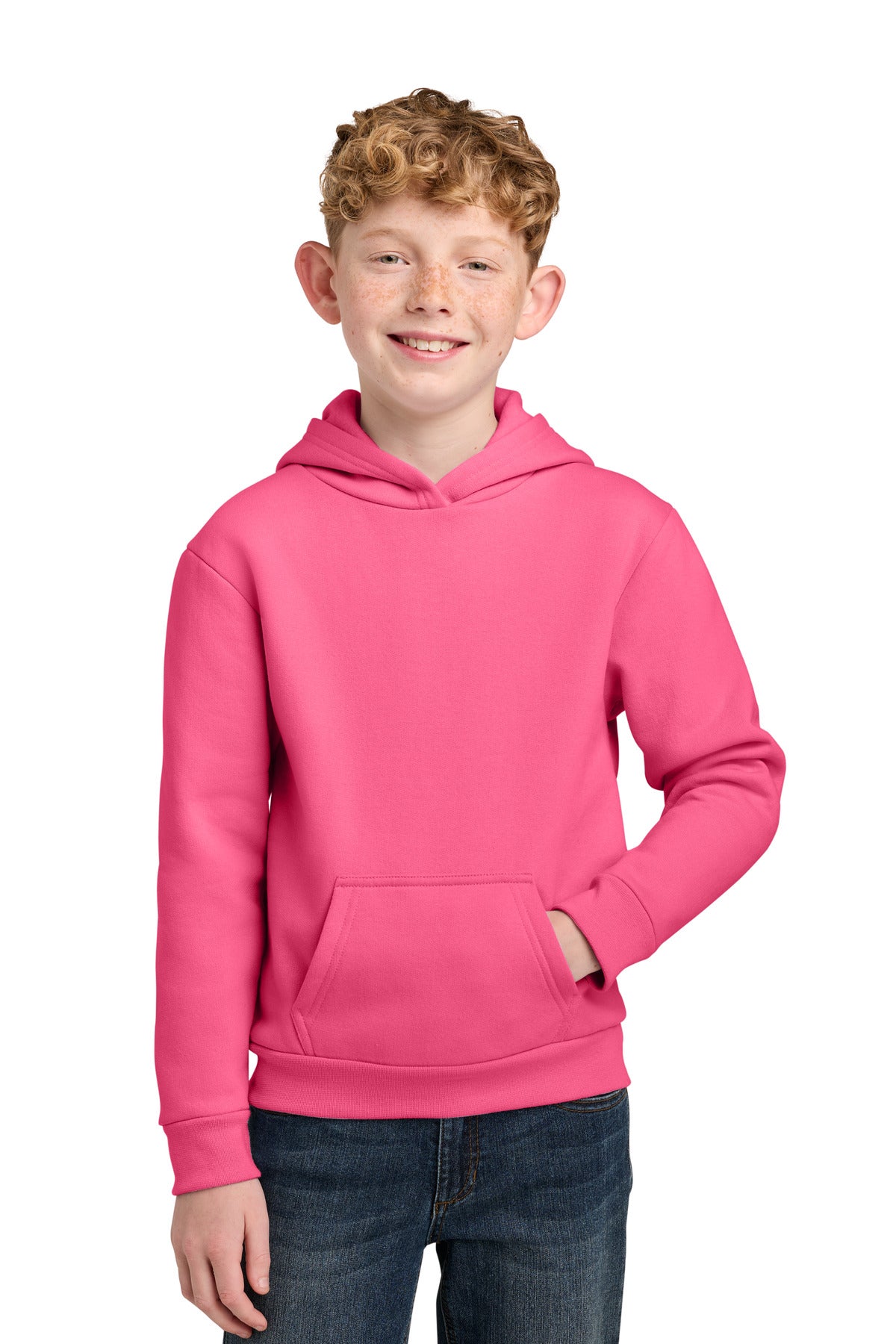 Custom logo Port & Co® Youth Easy Fleece Pullover Hooded Sweatshirt PC68YH in Neon Pink