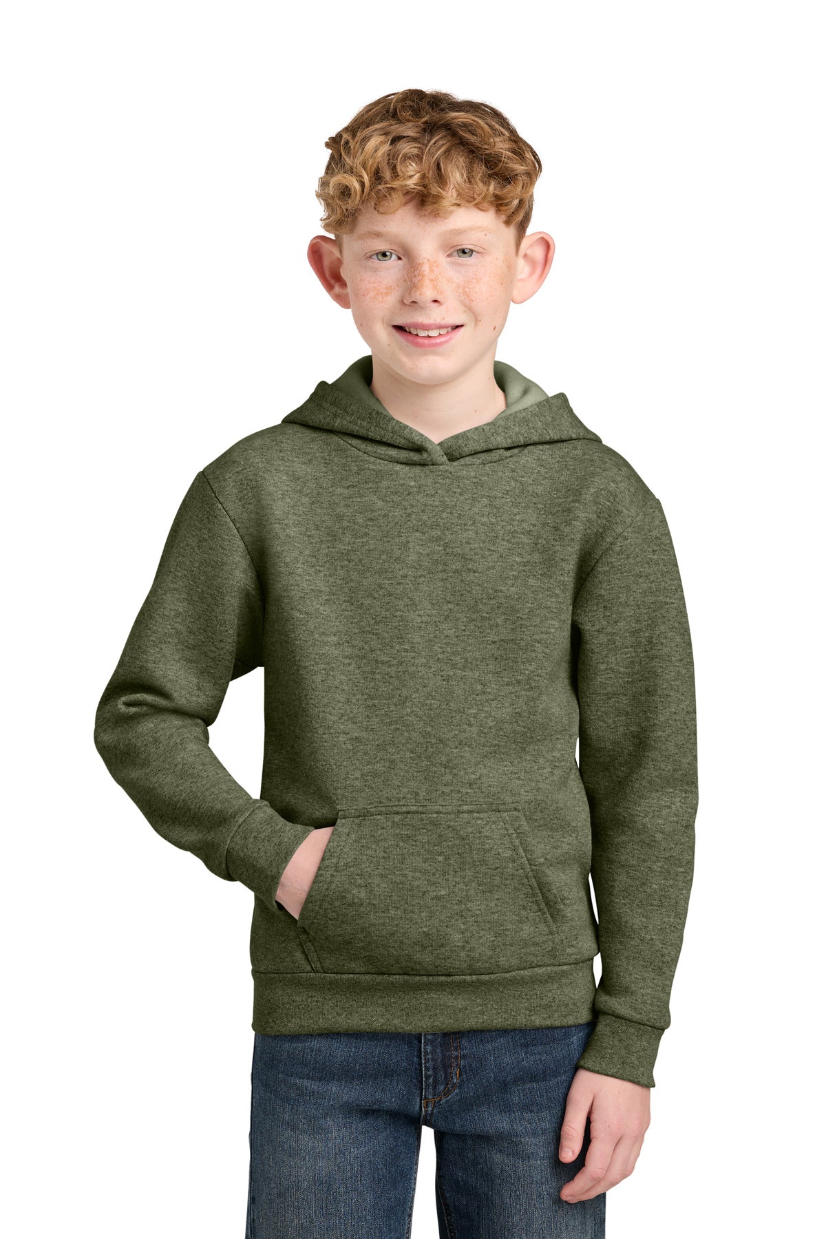 Custom logo Port & Co® Youth Easy Fleece Pullover Hooded Sweatshirt PC68YH in Olive Drab Green Heather