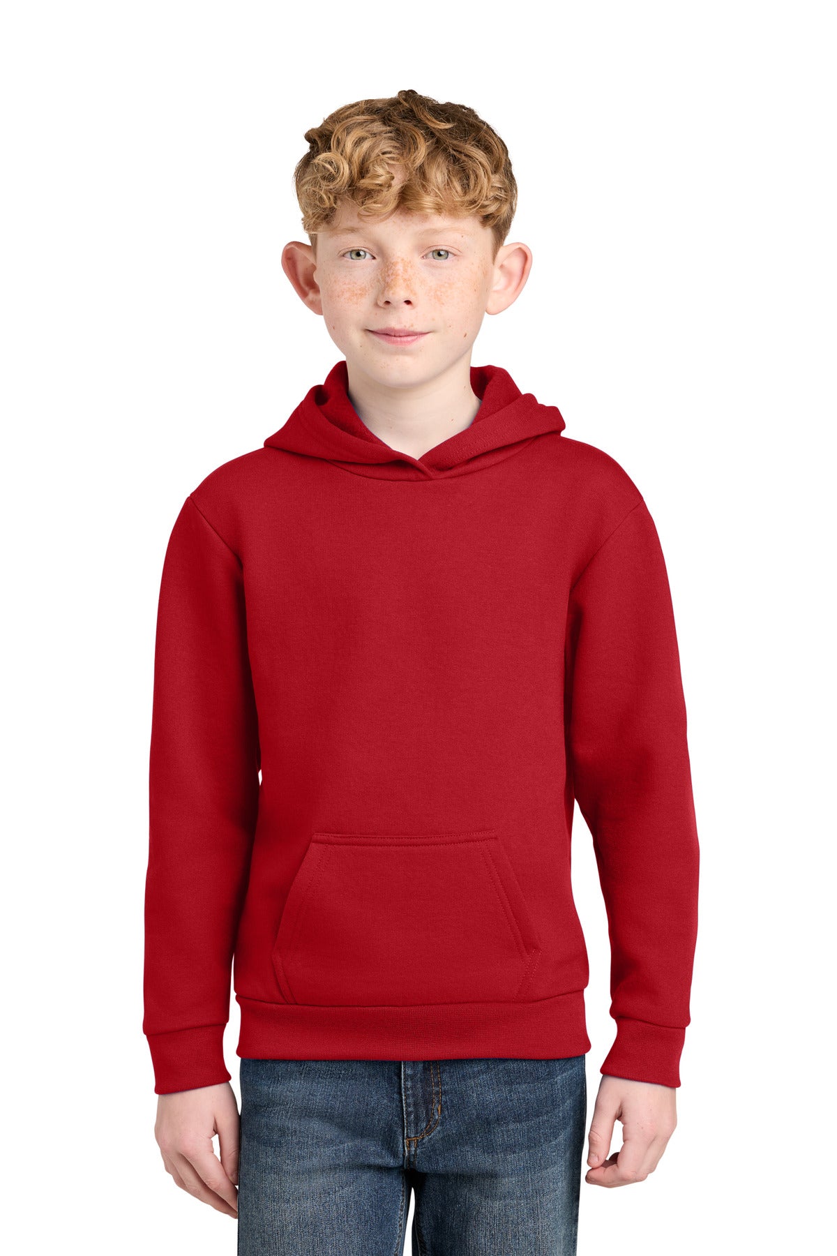 Custom logo Port & Co® Youth Easy Fleece Pullover Hooded Sweatshirt PC68YH in Red