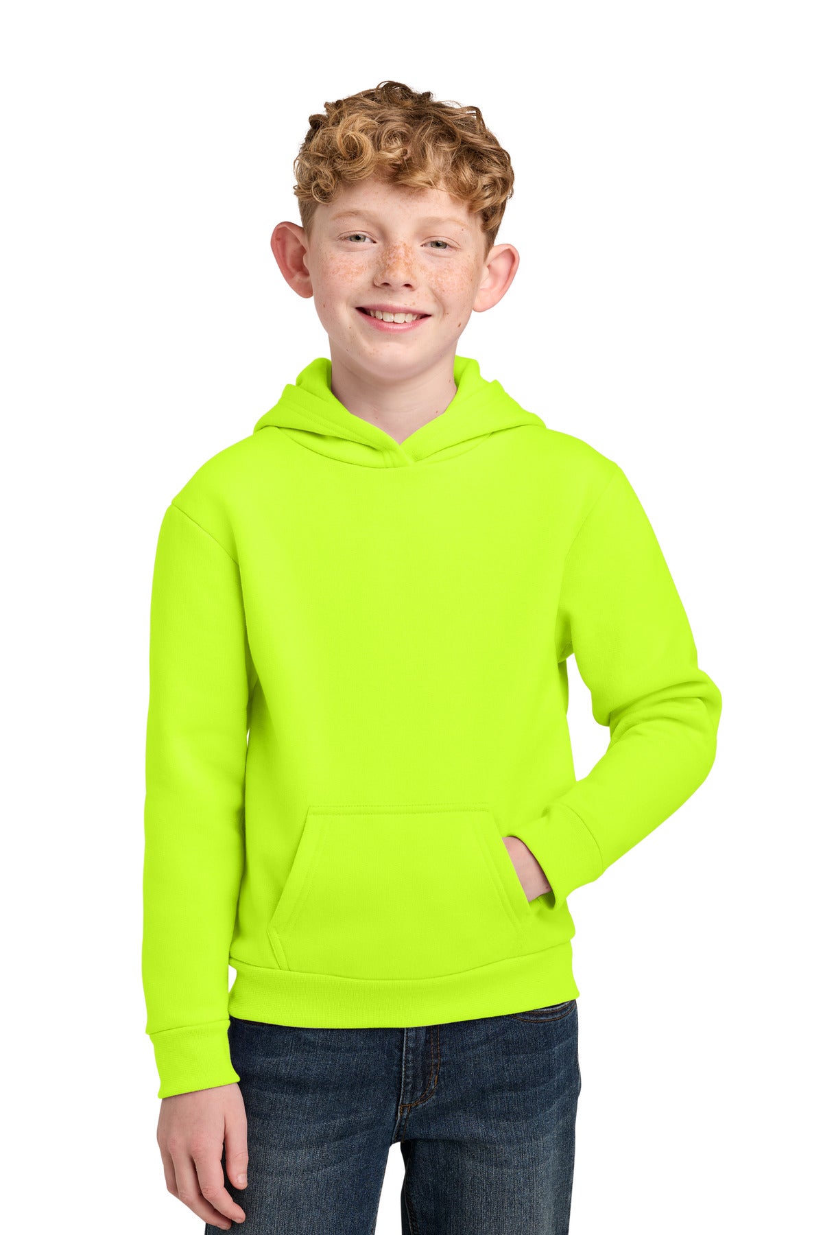 Custom logo Port & Co® Youth Easy Fleece Pullover Hooded Sweatshirt PC68YH in S. Green