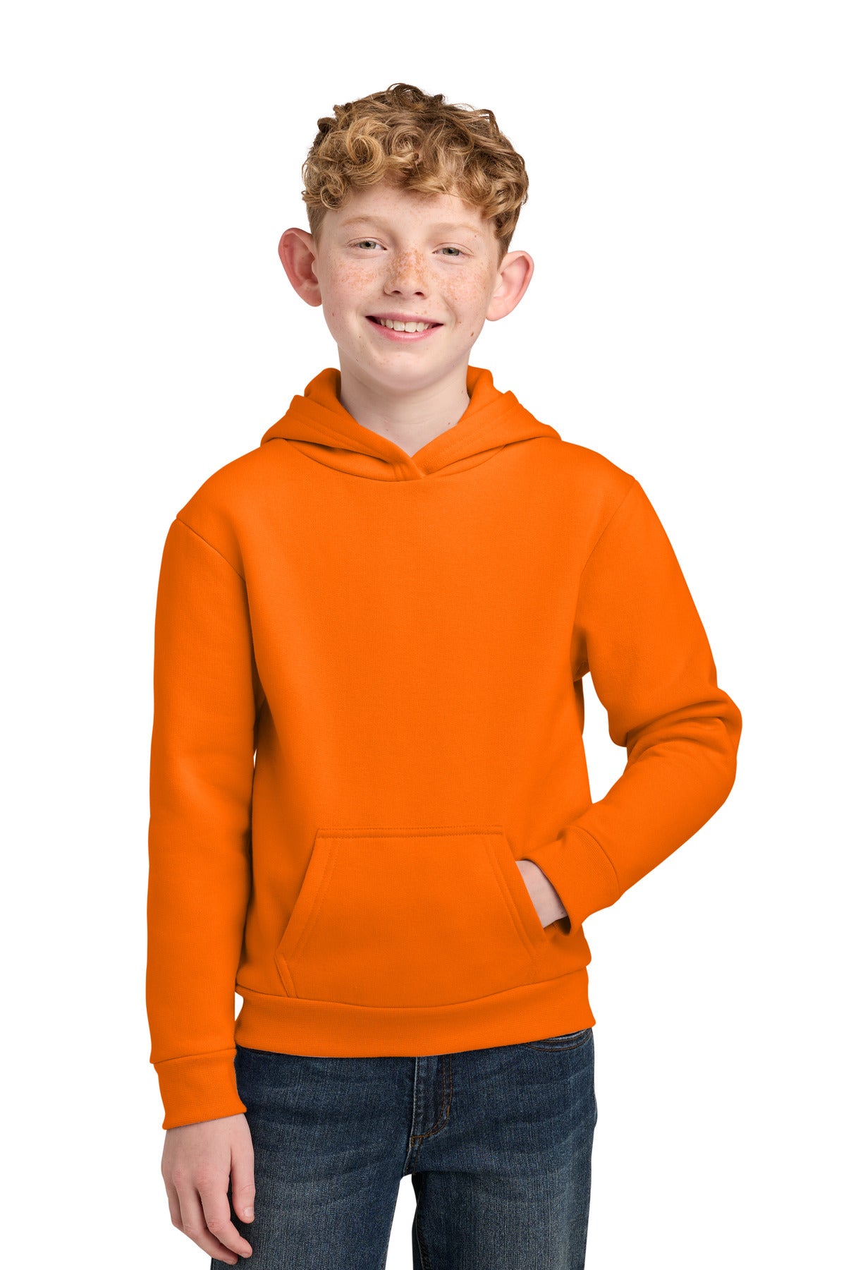 Custom logo Port & Co® Youth Easy Fleece Pullover Hooded Sweatshirt PC68YH in S. Orange