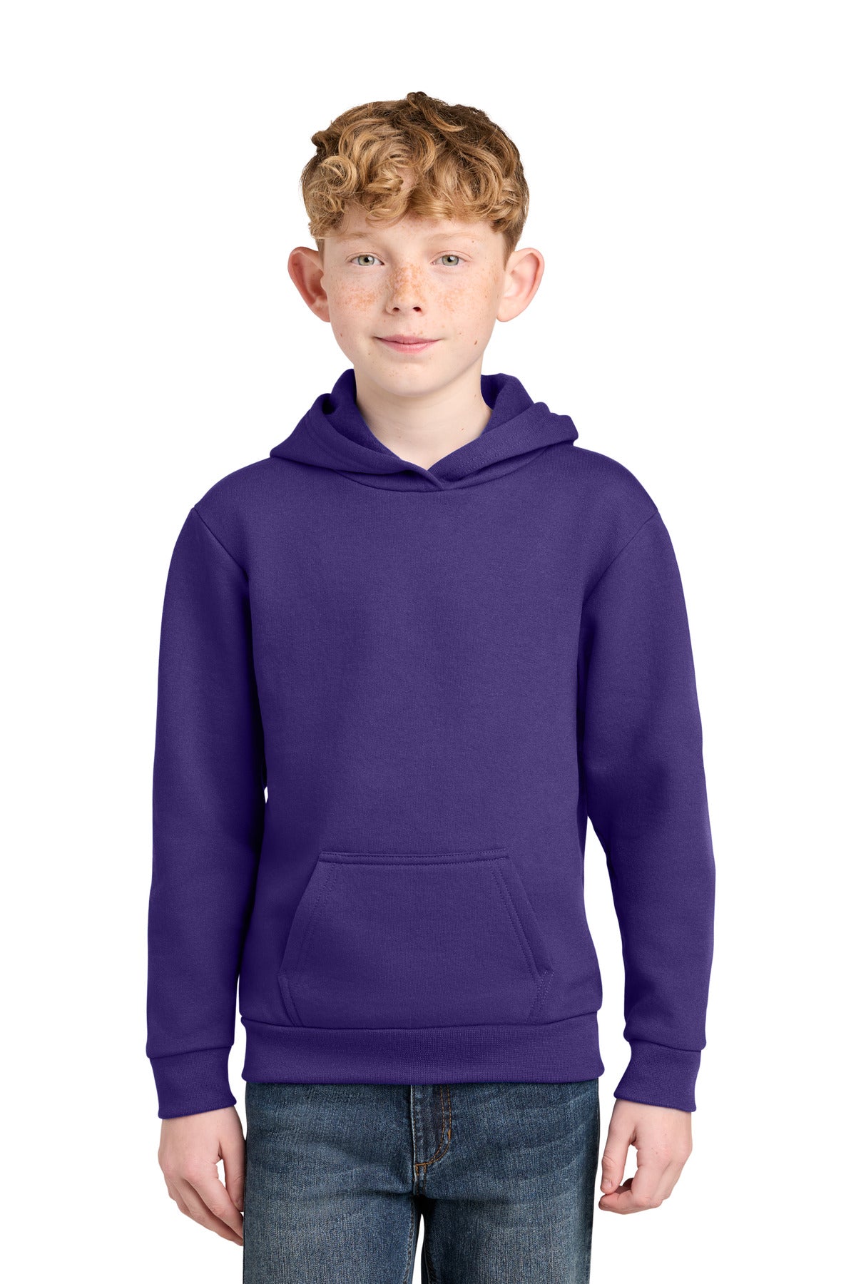 Custom logo Port & Co® Youth Easy Fleece Pullover Hooded Sweatshirt PC68YH in Team Purple
