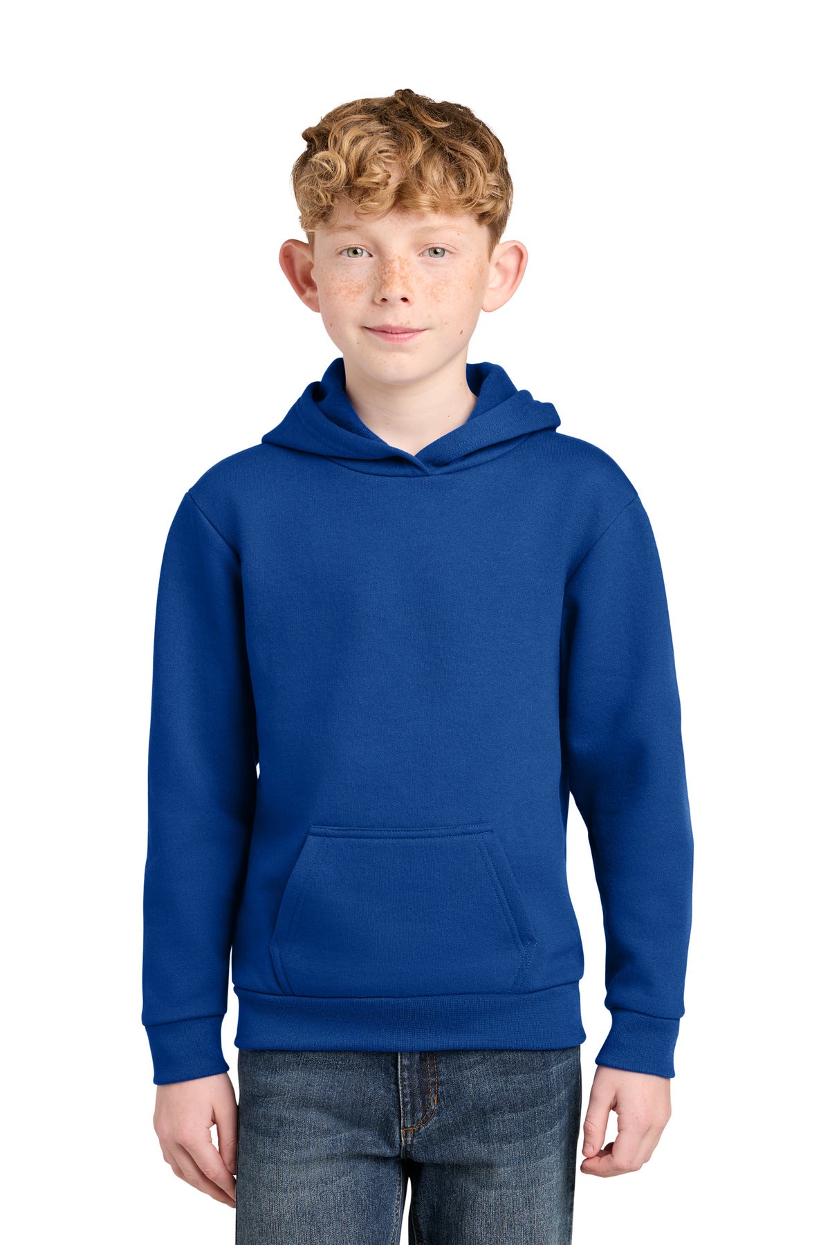 Custom logo Port & Co® Youth Easy Fleece Pullover Hooded Sweatshirt PC68YH in True Royal