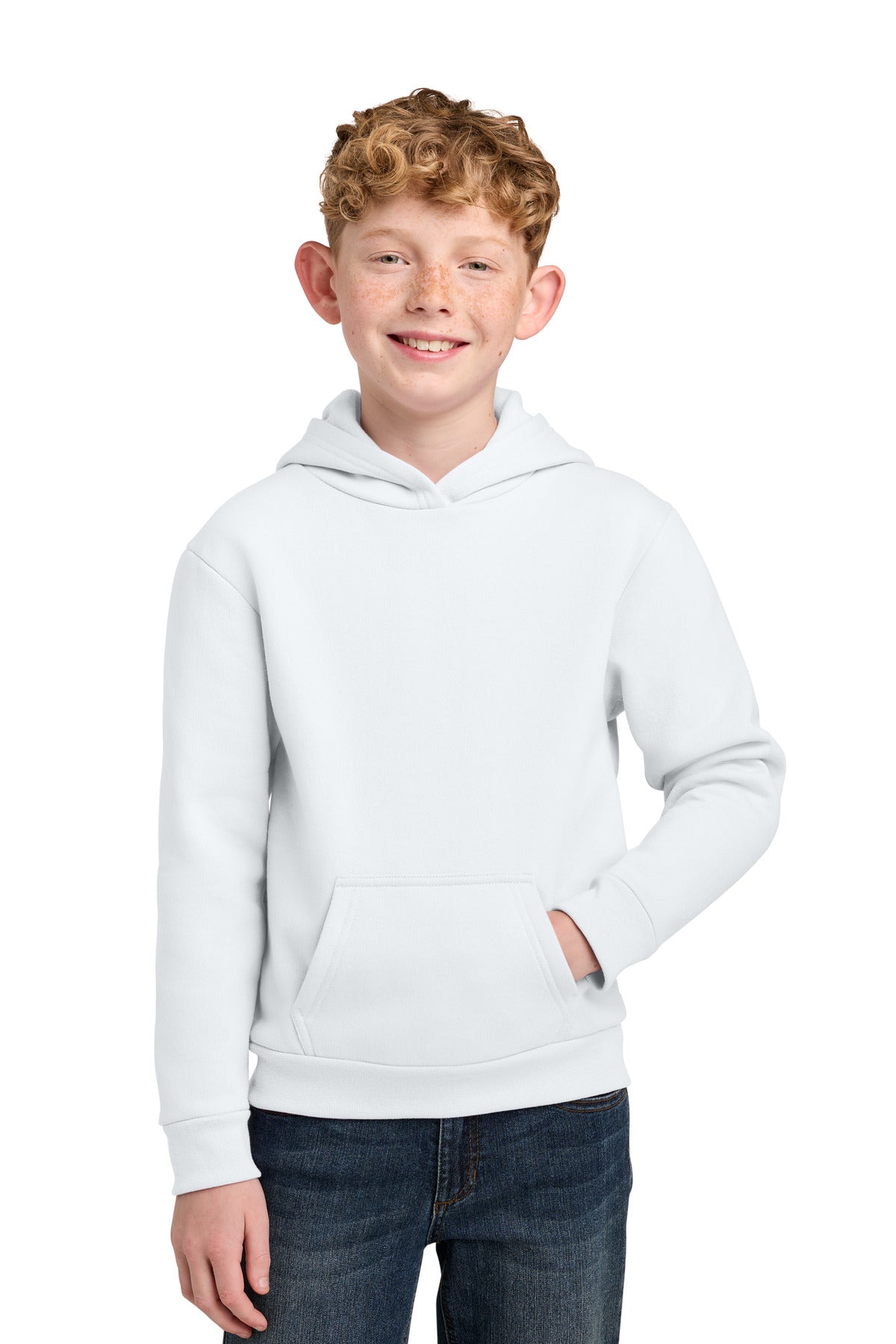 Custom logo Port & Co® Youth Easy Fleece Pullover Hooded Sweatshirt PC68YH in White