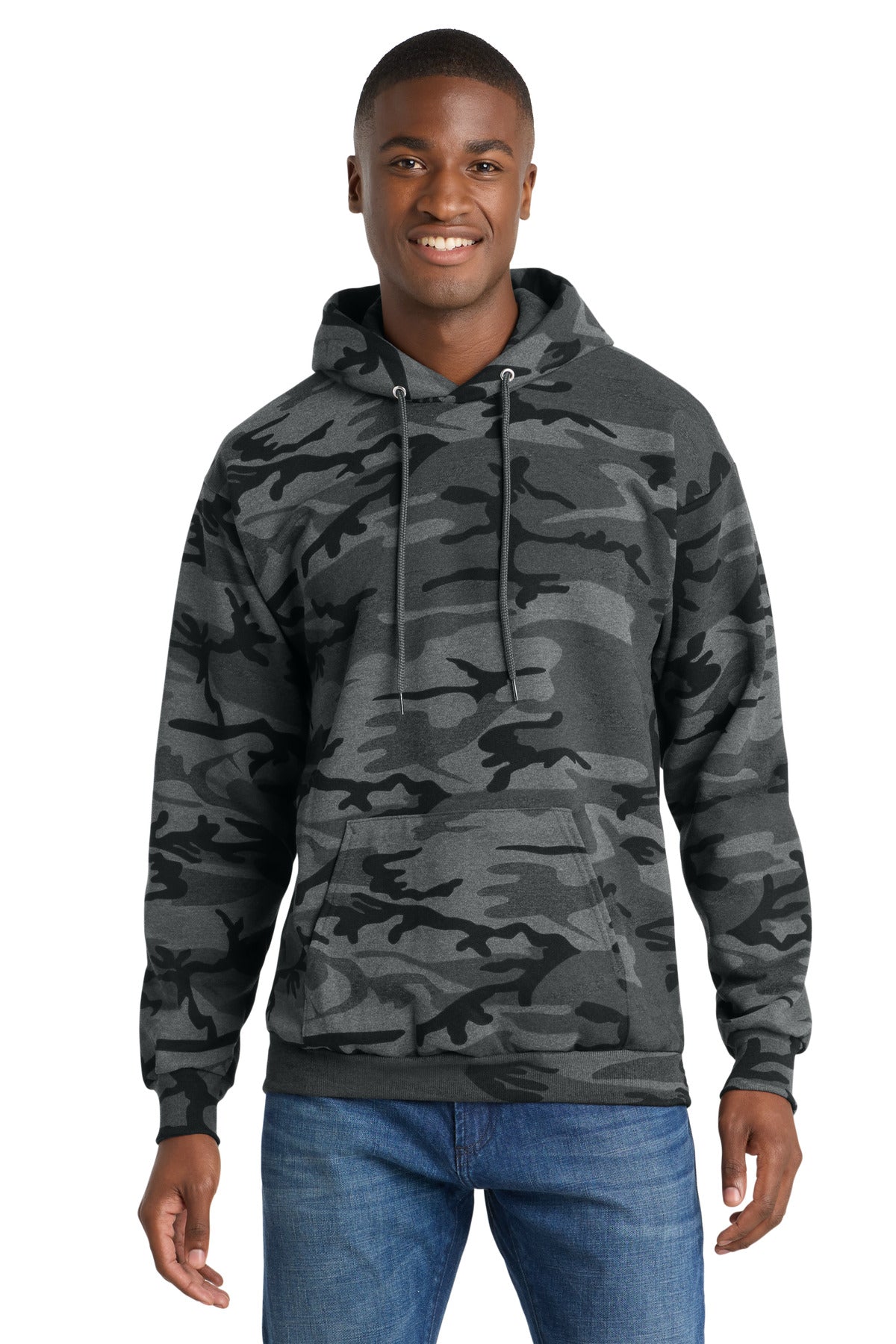 Custom logo Port & Co® Core Fleece Camo Pullover Hooded Sweatshirt. PC78HC in Black Heather Camo