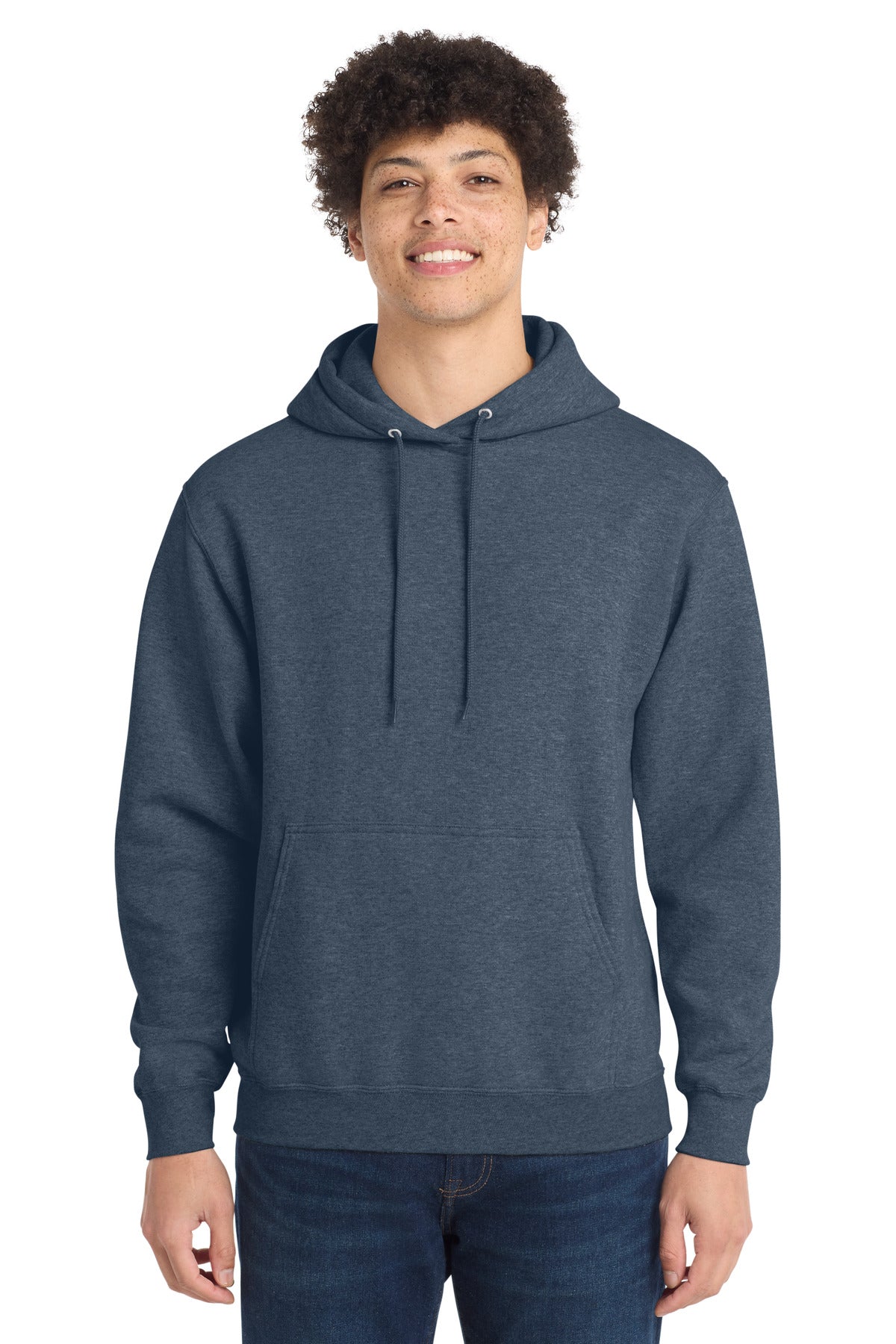 Custom logo Port & Co® Tall Core Fleece Pullover Hooded Sweatshirt PC78HT in Heather Navy
