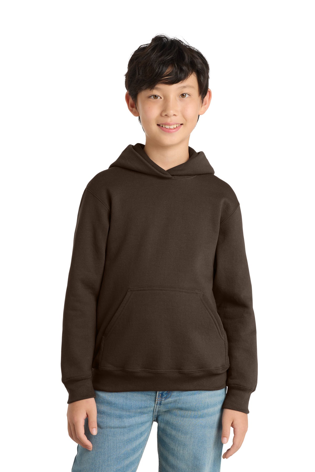 Custom logo Port & Co® Youth Core Fleece Pullover Hooded Sweatshirt PC78YH in Dark Chocolate Brown