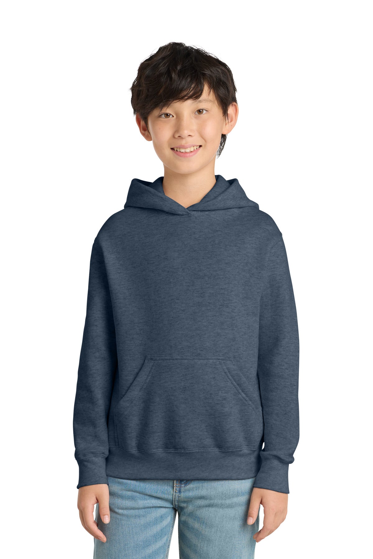 Custom logo Port & Co® Youth Core Fleece Pullover Hooded Sweatshirt PC78YH in Heather Navy