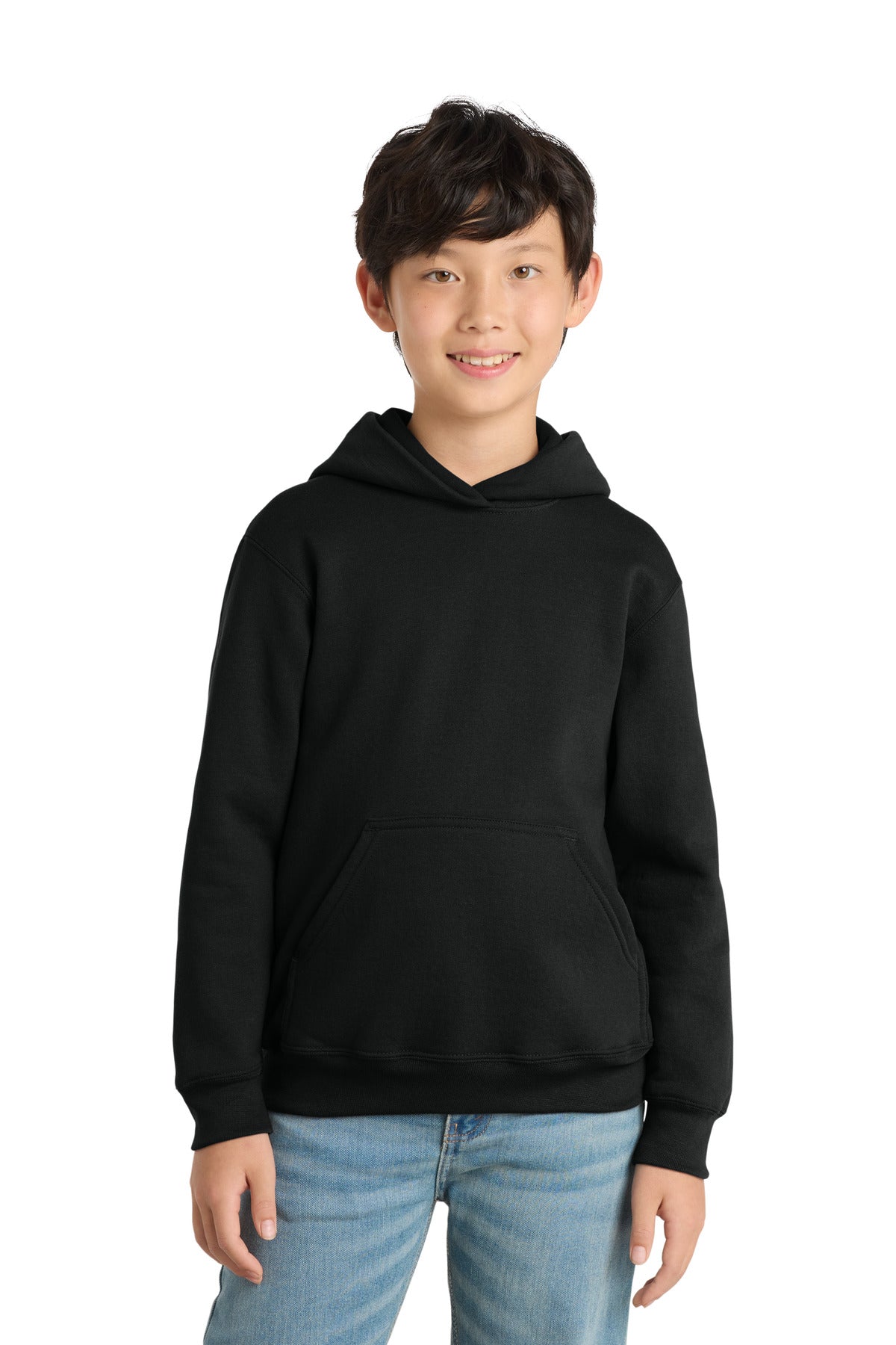 Custom logo Port & Co® Youth Core Fleece Pullover Hooded Sweatshirt PC78YH in Jet Black