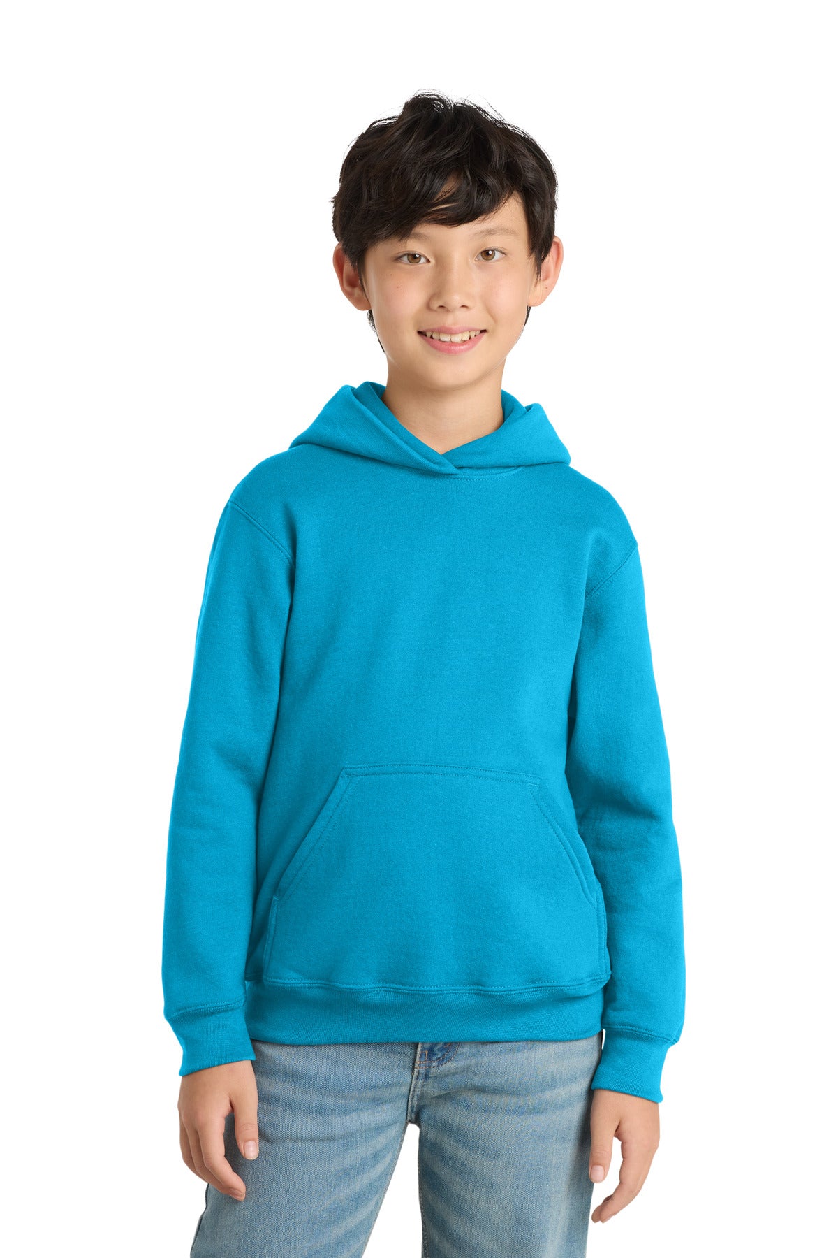 Custom logo Port & Co® Youth Core Fleece Pullover Hooded Sweatshirt PC78YH in Neon Blue